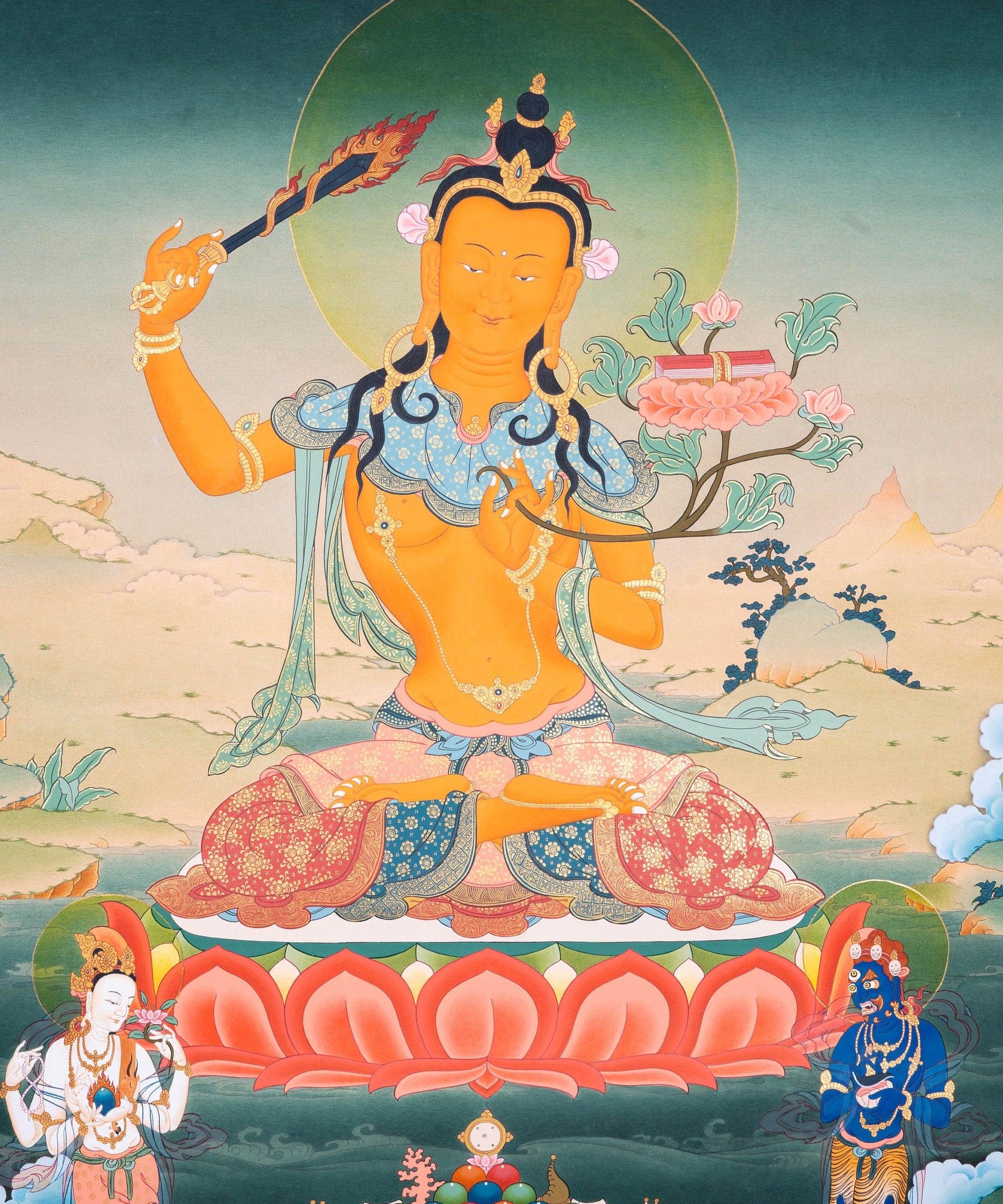 Genuine Hand Arts from Nepal - Manjushri Thangka For Meditational Practice and Spiritual Gifts