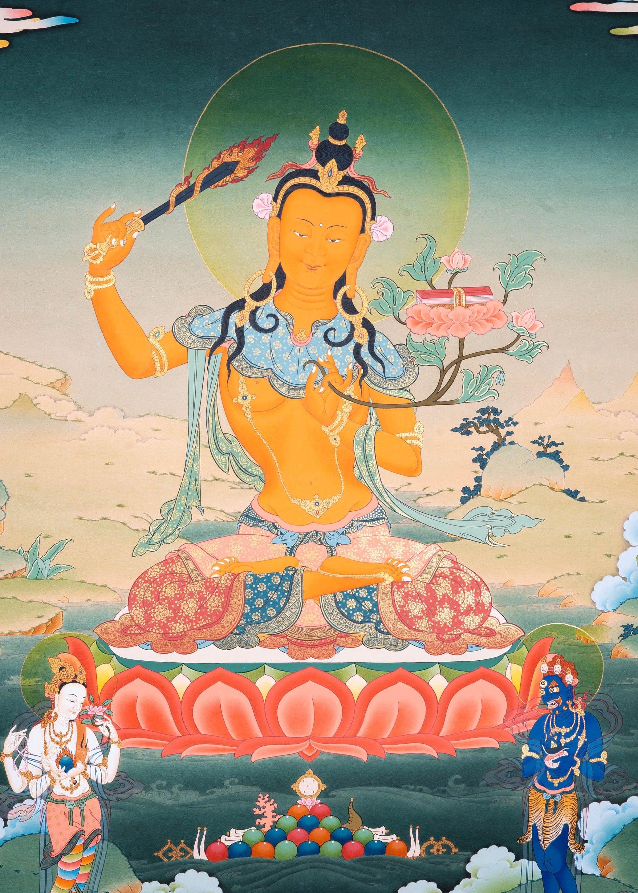 Genuine Hand Arts from Nepal - Manjushri Thangka For Meditational Practice and Spiritual Gifts