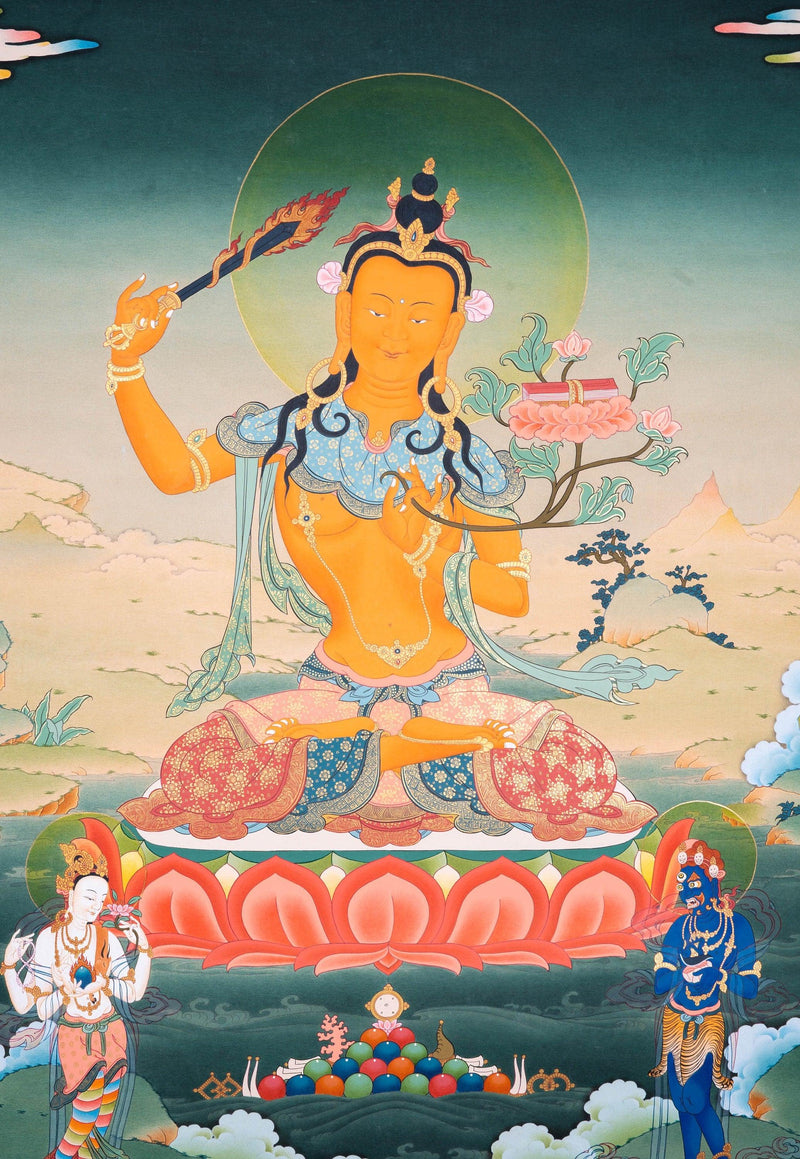 Genuine Hand Arts from Nepal - Manjushri Thangka For Meditational Practice and Spiritual Gifts