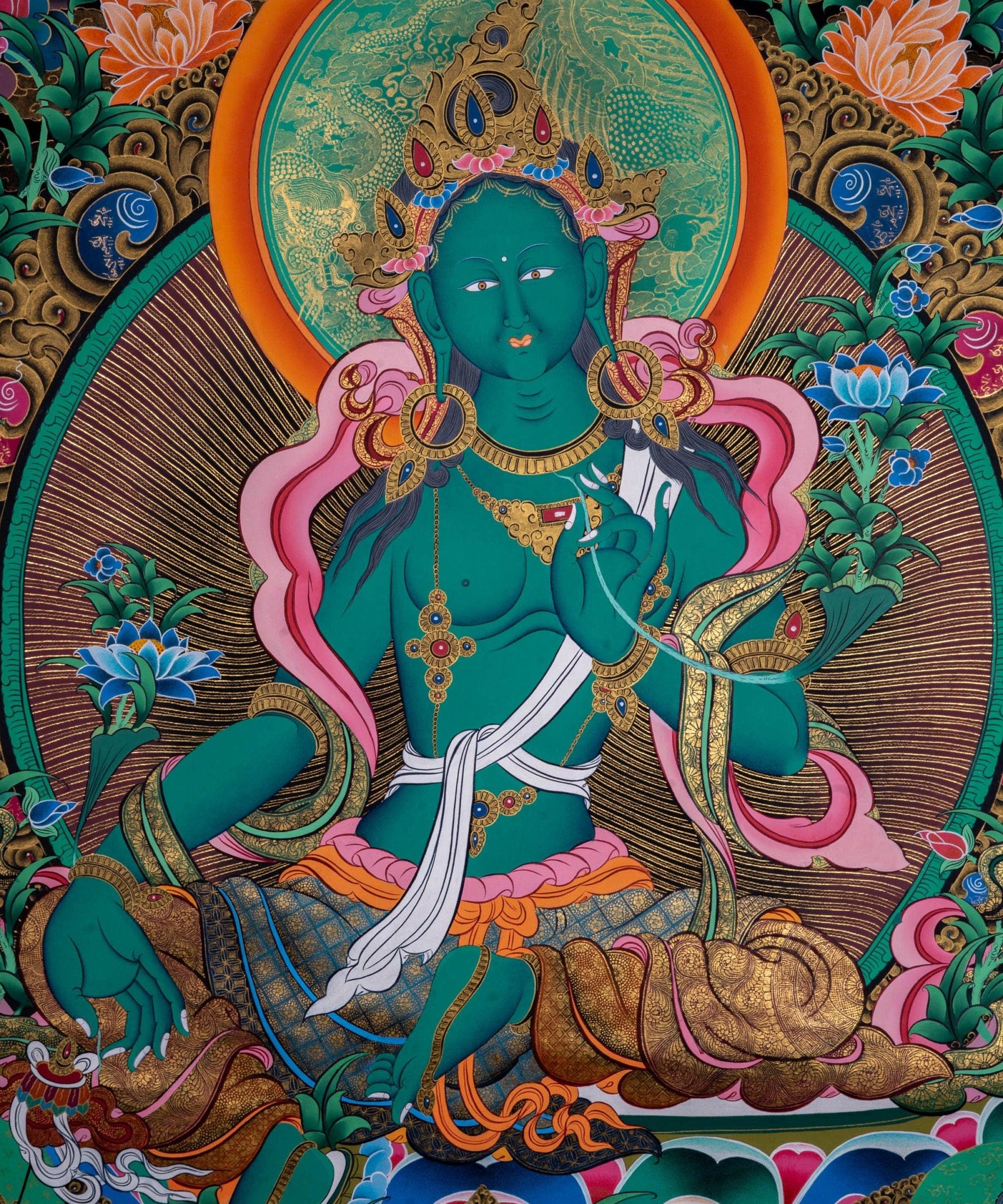 Beautiful Compassionate Green Tara Thangka Painting - Himalayas Shop