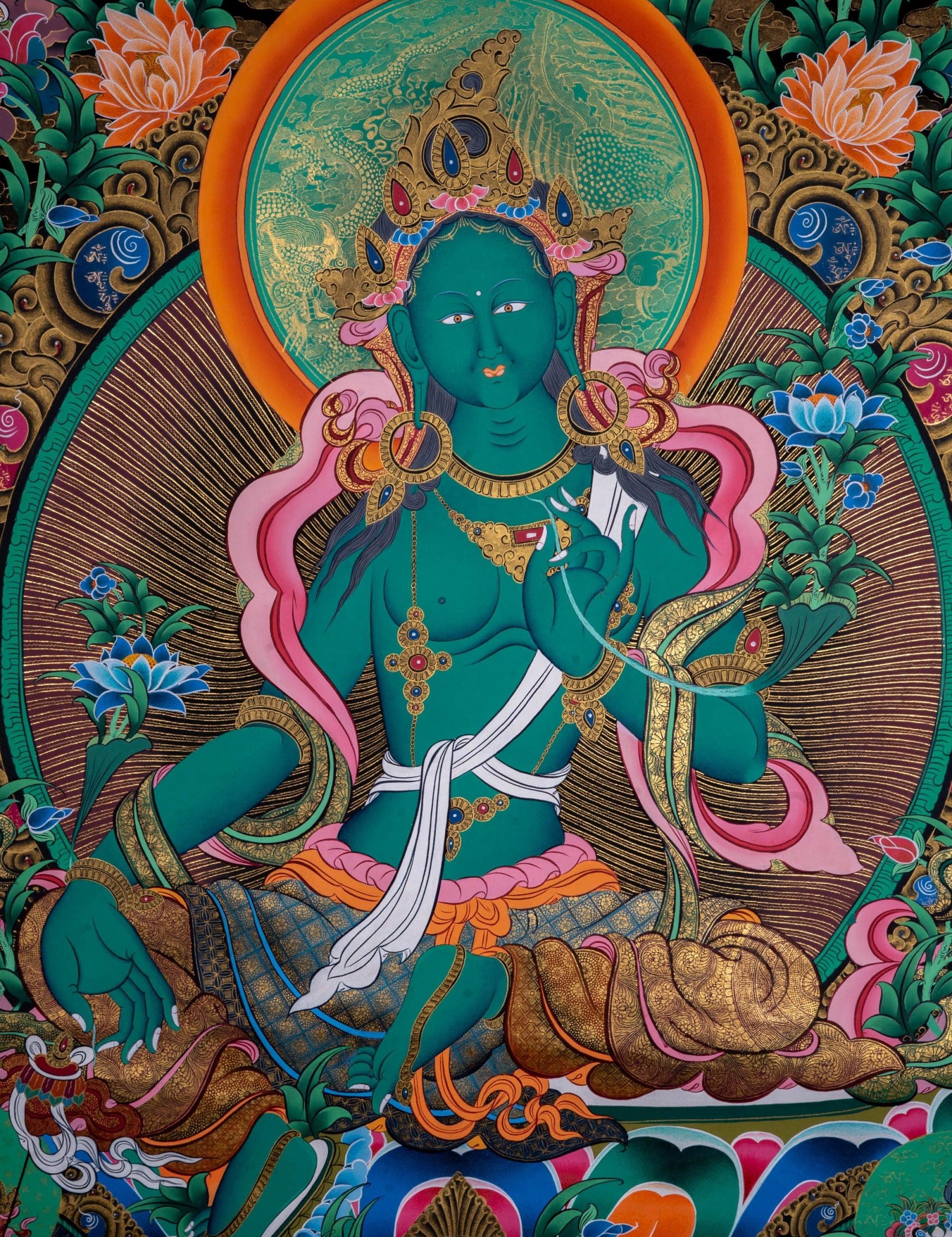 Beautiful Compassionate Green Tara Thangka Painting - Himalayas Shop