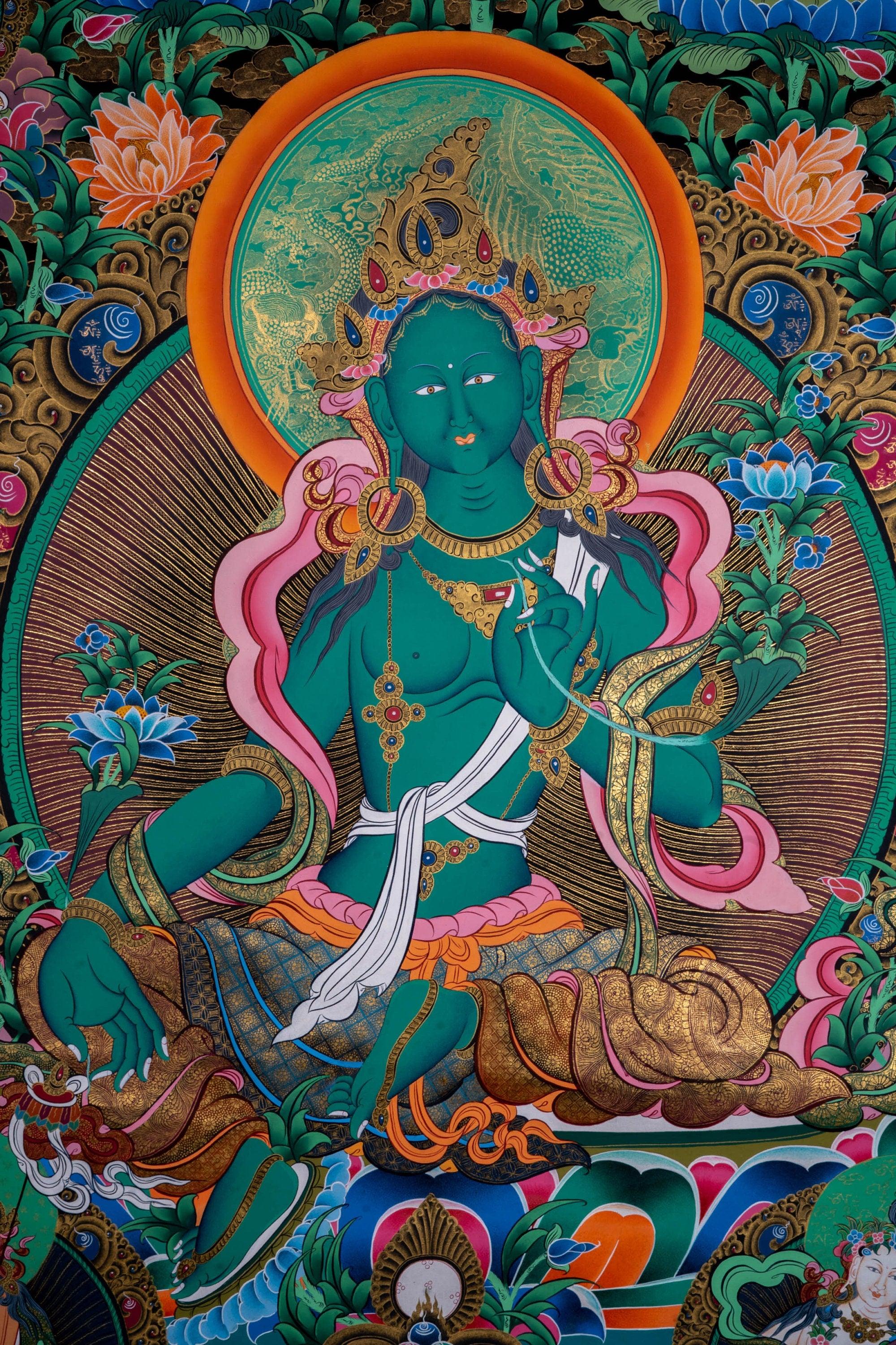 Beautiful Compassionate Green Tara Thangka Painting - Himalayas Shop