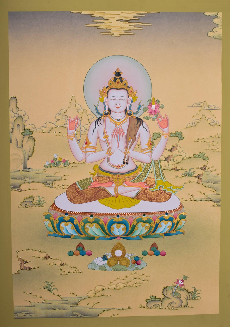 Chenrezig Thangka Painting - 4 arm bodhisattva