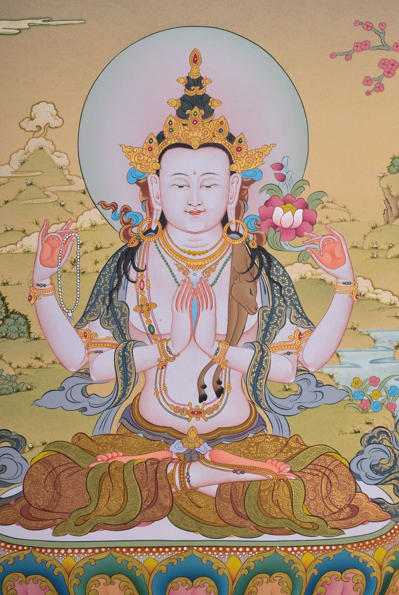 Chenrezig Thangka Painting For Meditational Practice and Spiritual Gifts