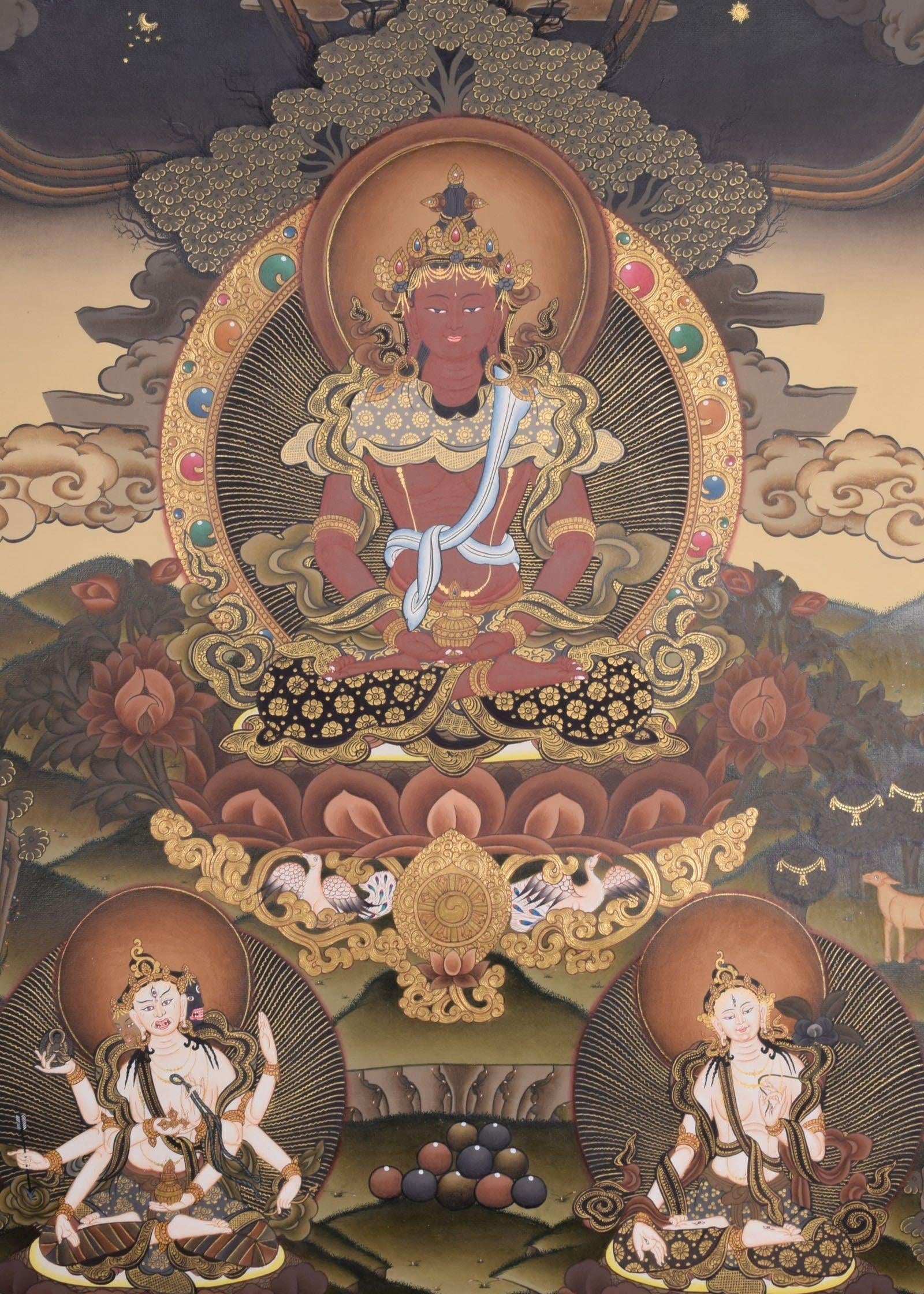 Handmade Amitayus Thangka Painting on Cotton Canvas