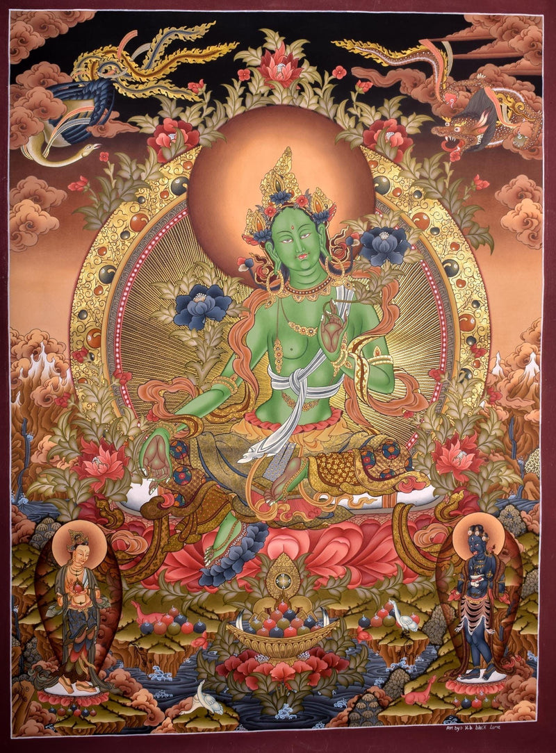 Green Tara Female Deity Thangka Painting - Himalayas Shop