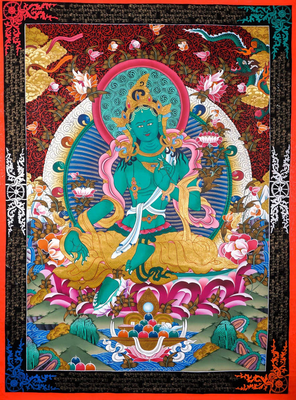Green Tara Female Deity Thangka Painting  For Meditational Practice and Spiritual Gifts