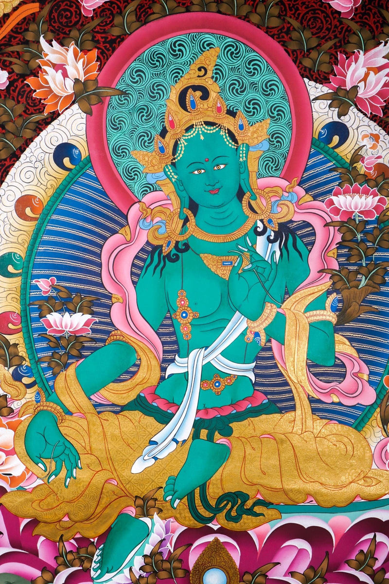 Green Tara Female Deity Thangka Painting  For Meditational Practice and Spiritual Gifts