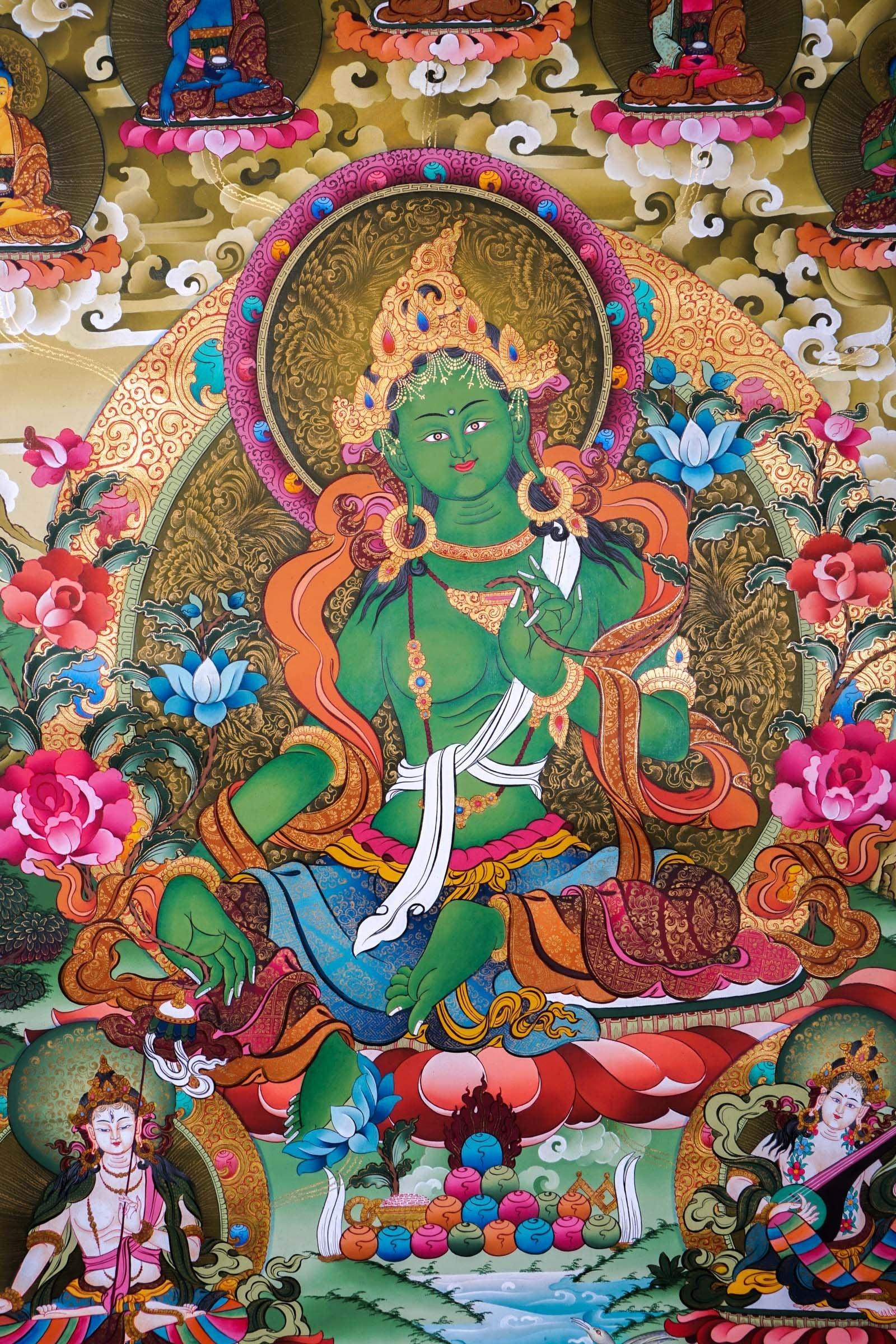 Green Tara Female Deity Thangka Painting  For Meditational Practice and Spiritual Gifts