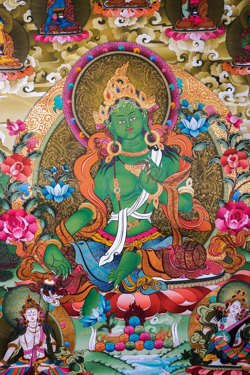 Green Tara Female Deity Thangka Painting  For Meditational Practice and Spiritual Gifts
