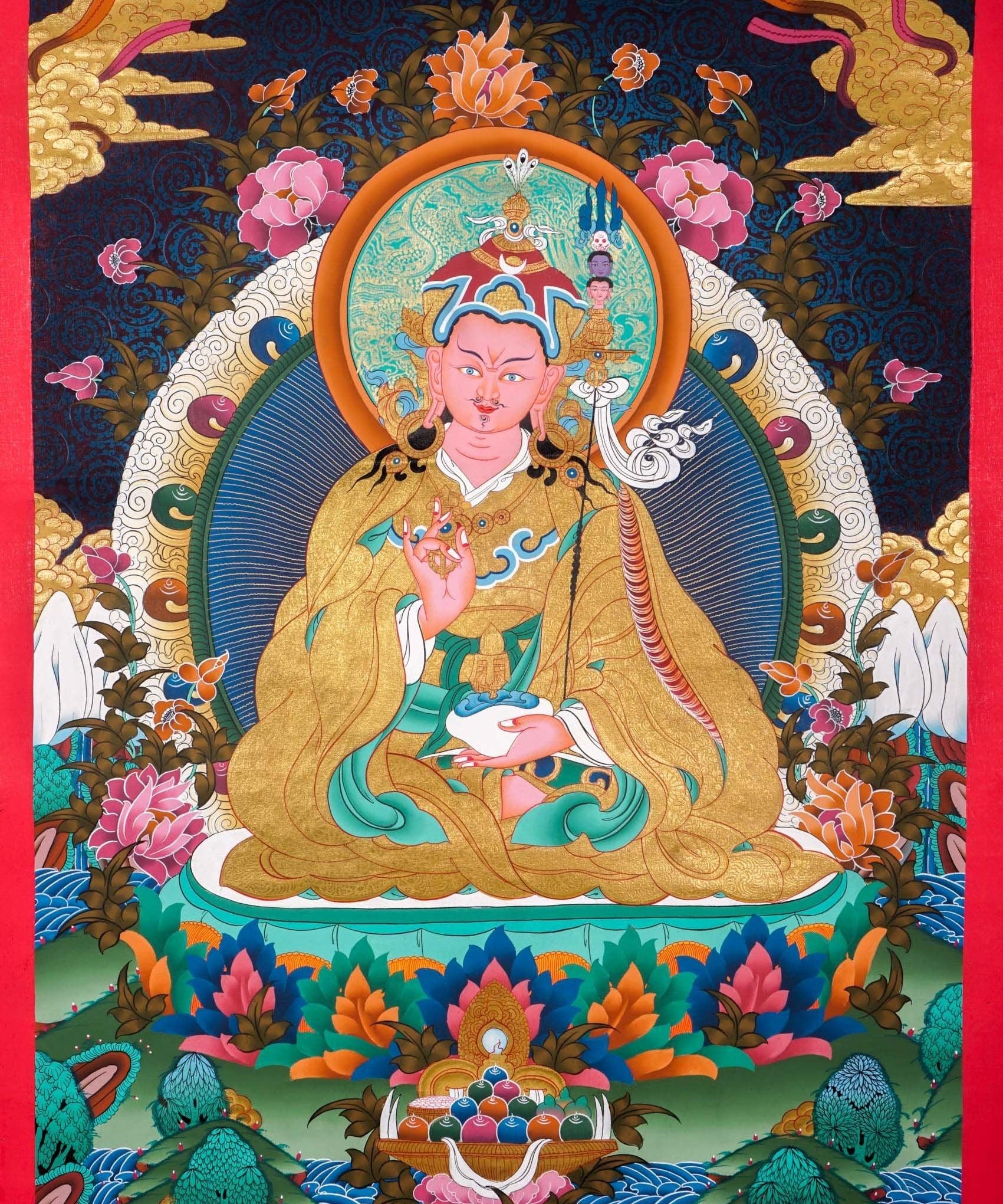 Guru Rinpoche on a lotus flower wall art - Thangka Painting 