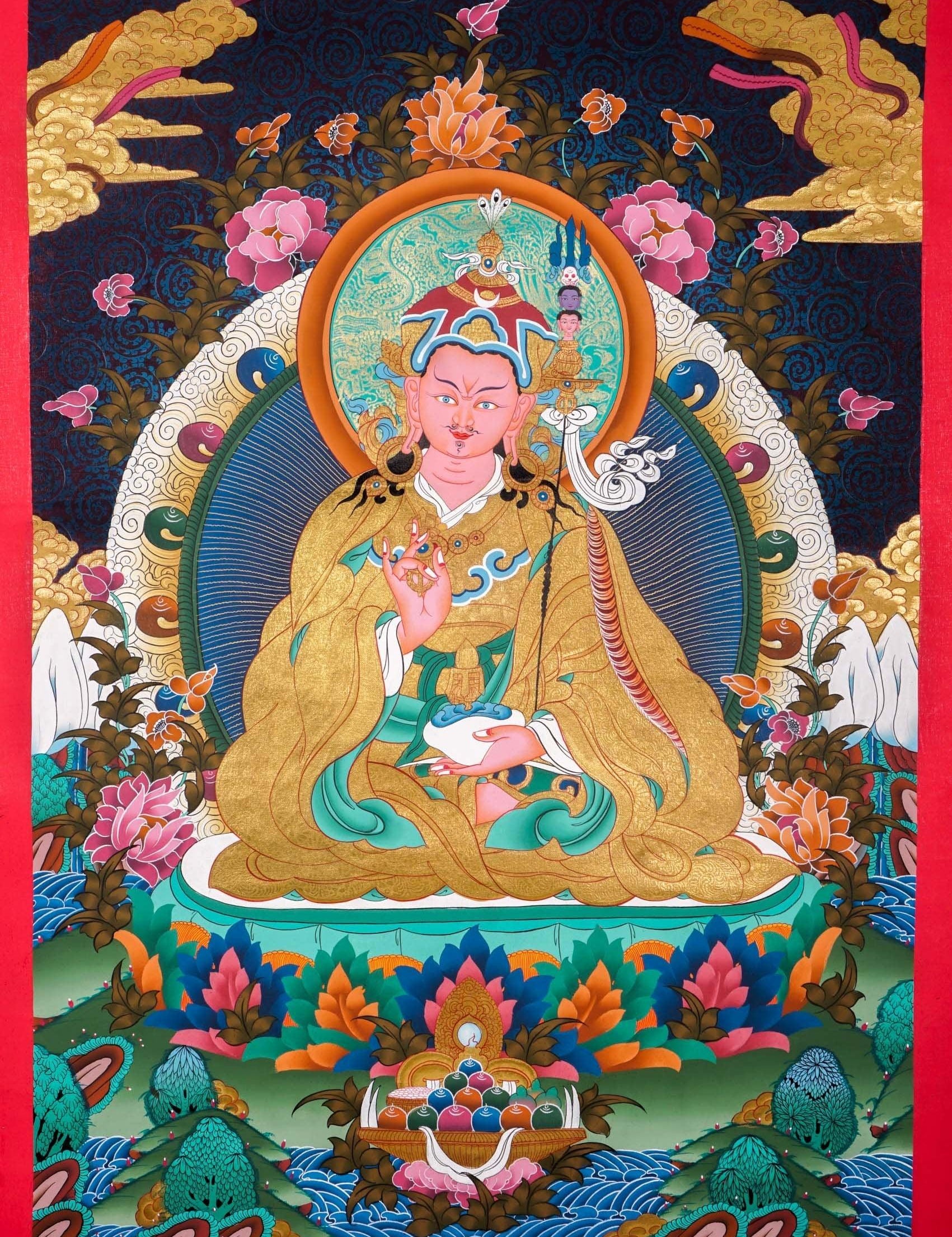 Guru Rinpoche on a lotus flower wall art - Thangka Painting 