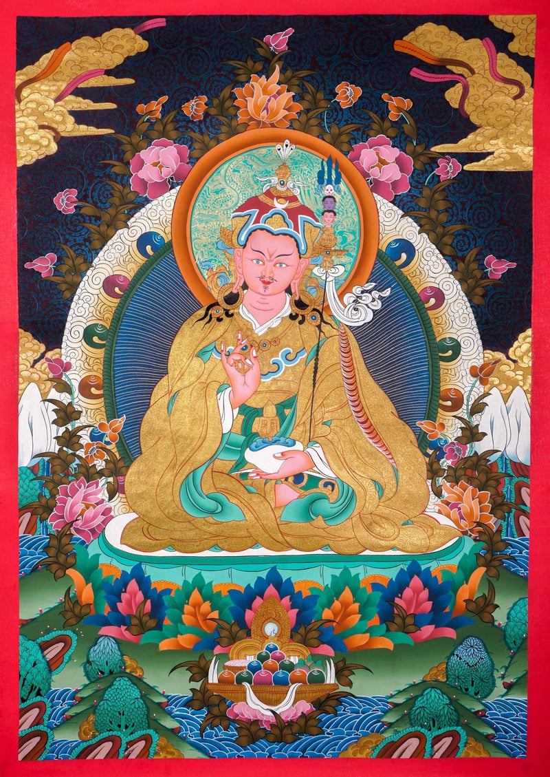 Guru Rinpoche on a lotus flower wall art - Thangka Painting 
