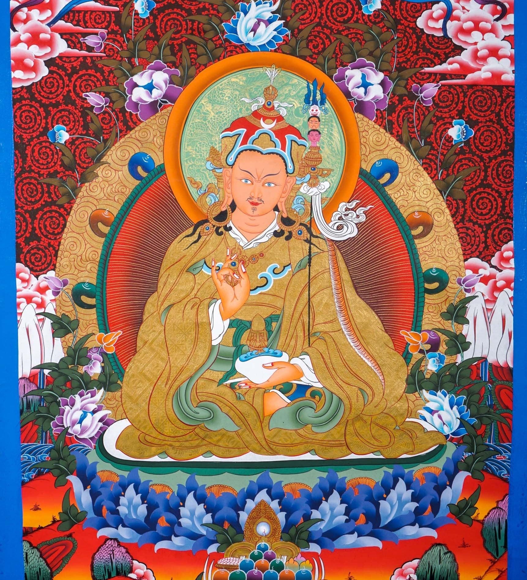Guru Rinpoche on a lotus flower wall art - Thangka Painting