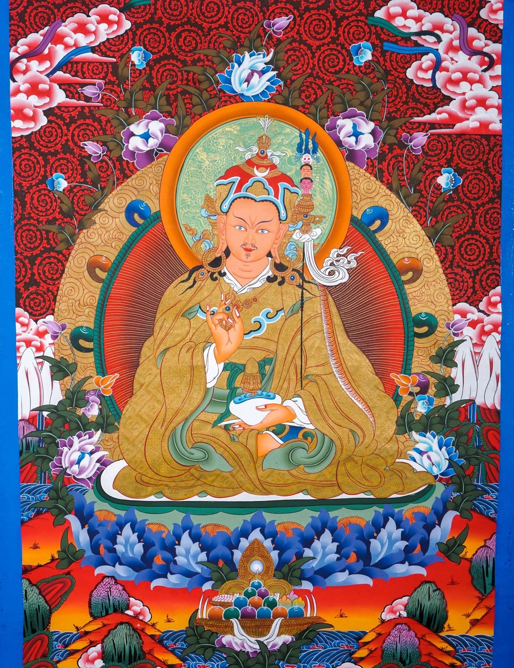 Guru Rinpoche on a lotus flower wall art - Thangka Painting