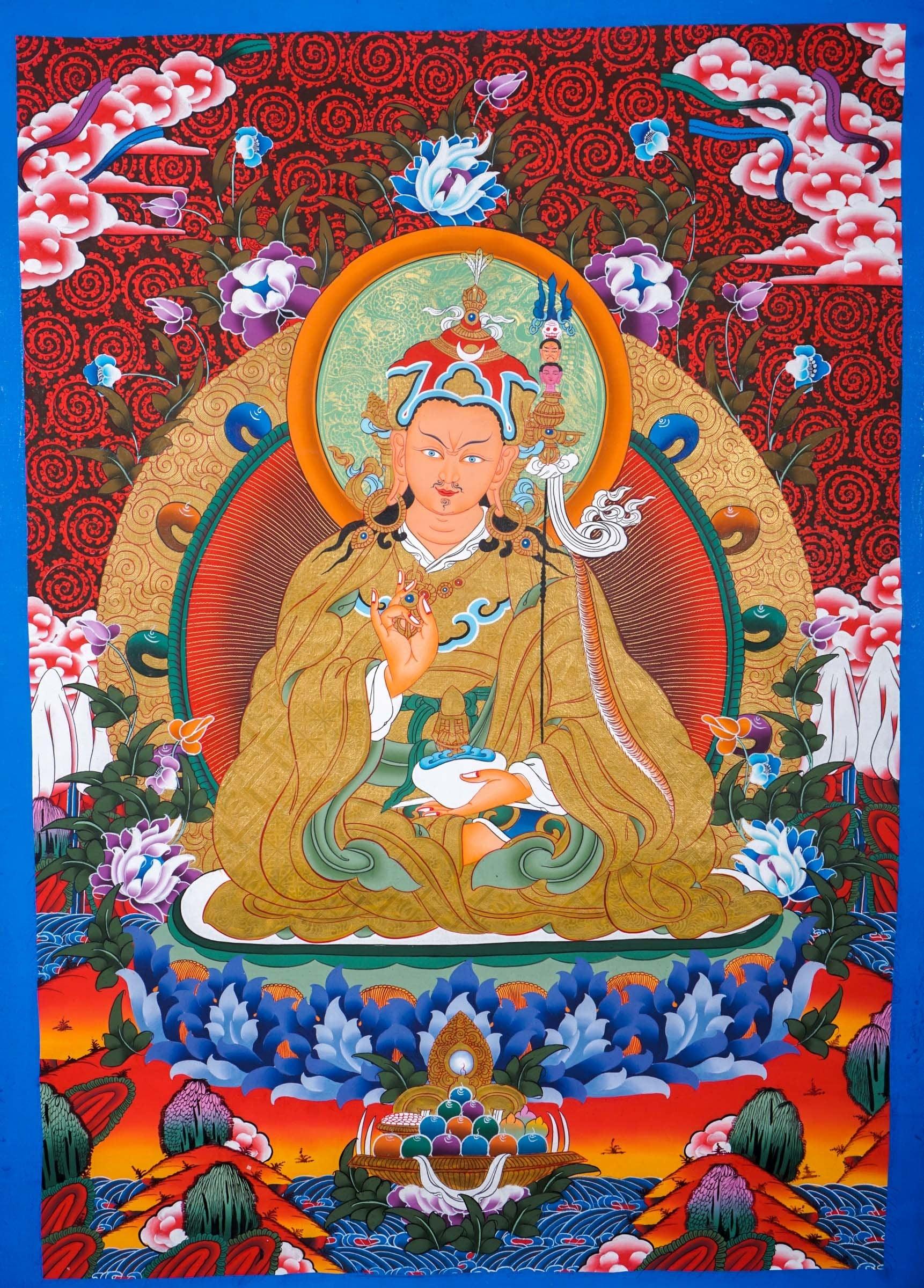 Guru Rinpoche on a lotus flower wall art - Thangka Painting