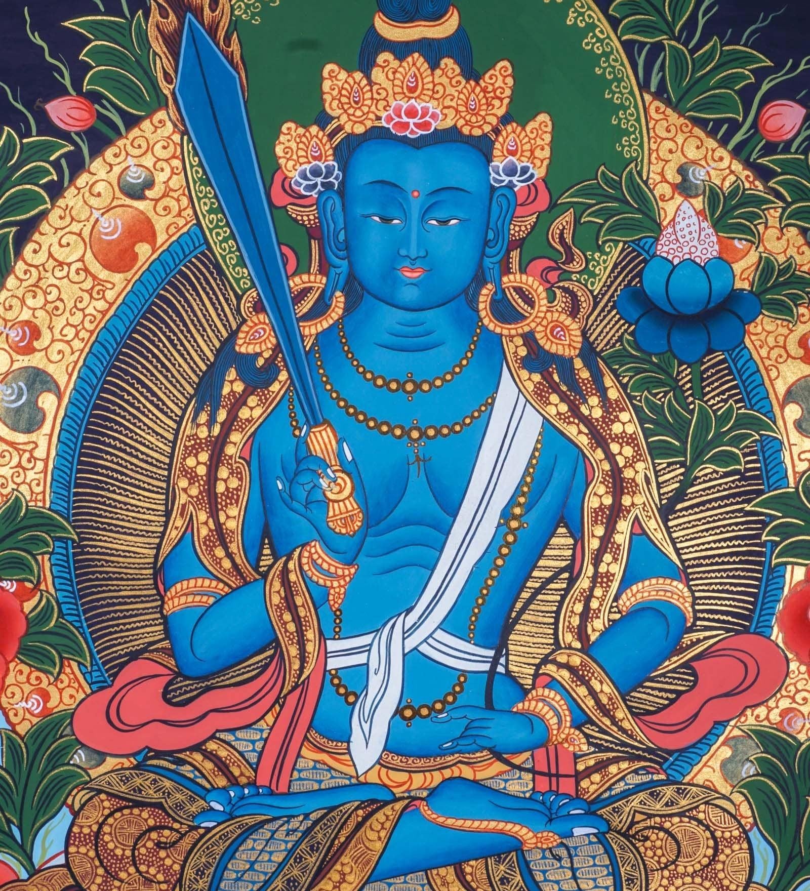 Japanese Style - Monju Bosatsu Thangka Painting For Meditational Practice and Spiritual Gifts 