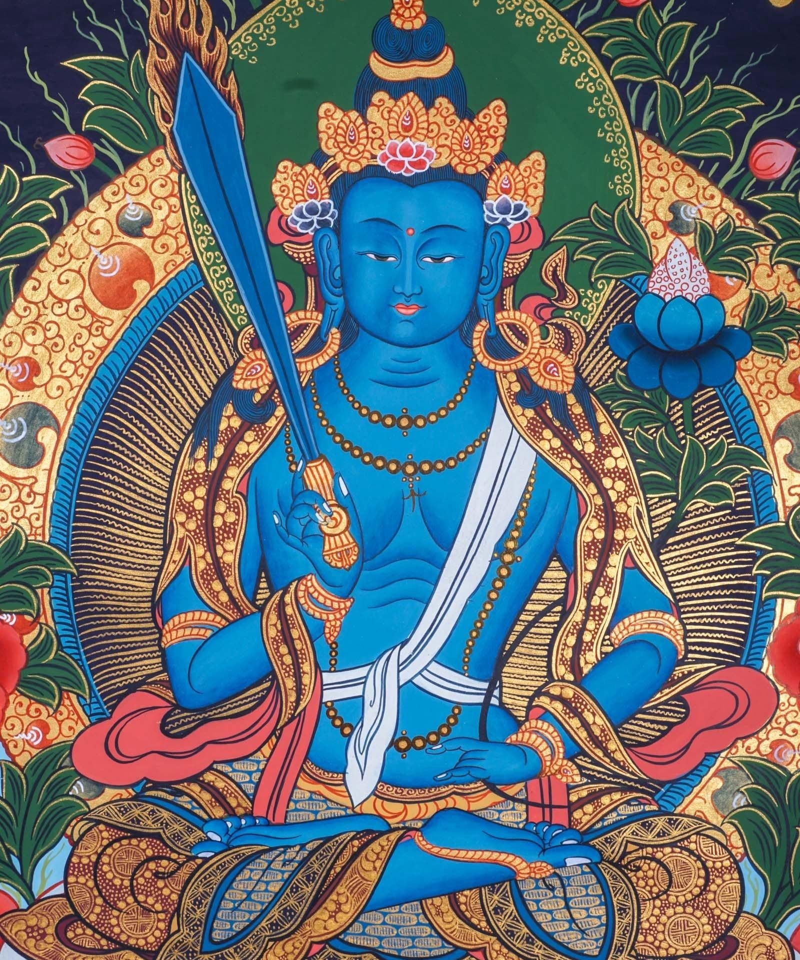Japanese Style - Monju Bosatsu Thangka Painting For Meditational Practice and Spiritual Gifts 