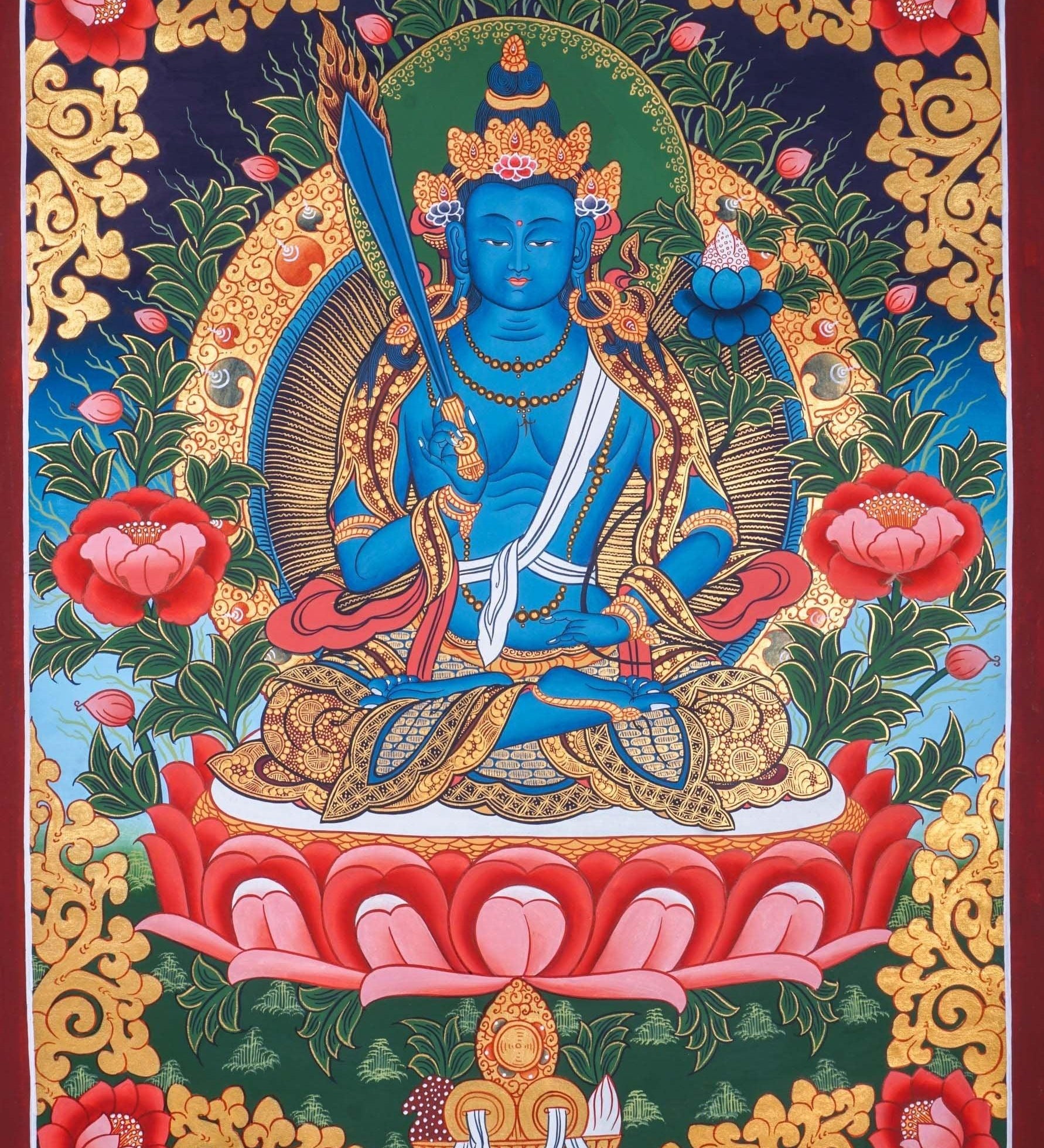 Japanese Style - Monju Bosatsu Thangka Painting For Meditational Practice and Spiritual Gifts 