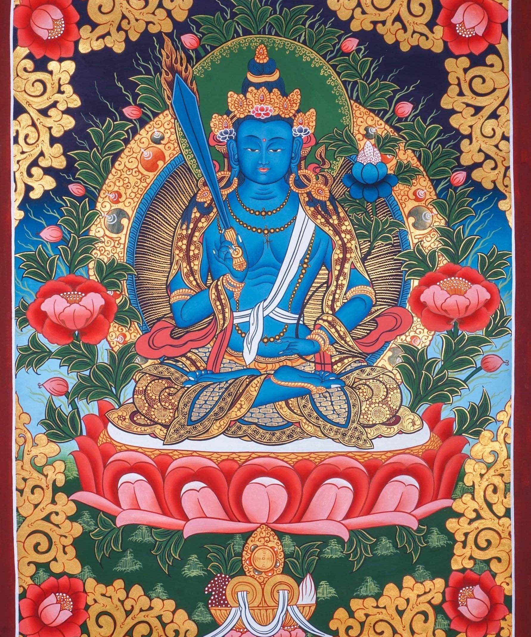 Japanese Style - Monju Bosatsu Thangka Painting For Meditational Practice and Spiritual Gifts 
