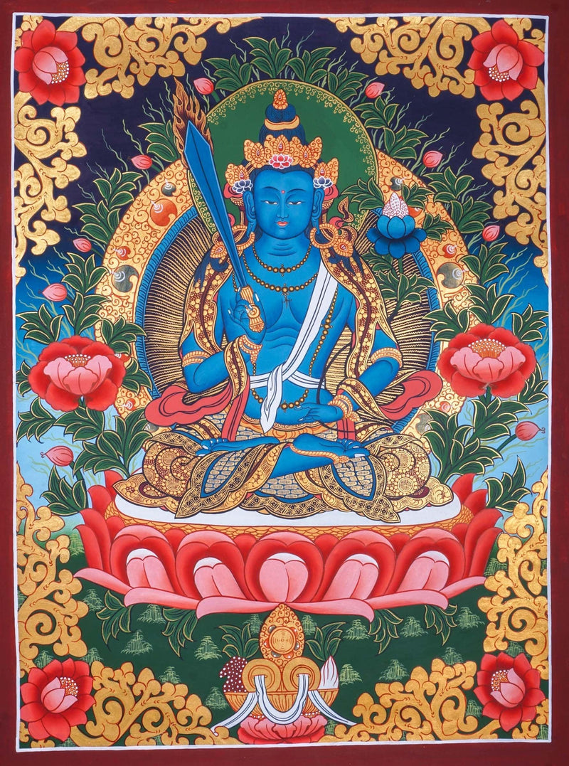 Japanese Style - Monju Bosatsu Thangka Painting For Meditational Practice and Spiritual Gifts 