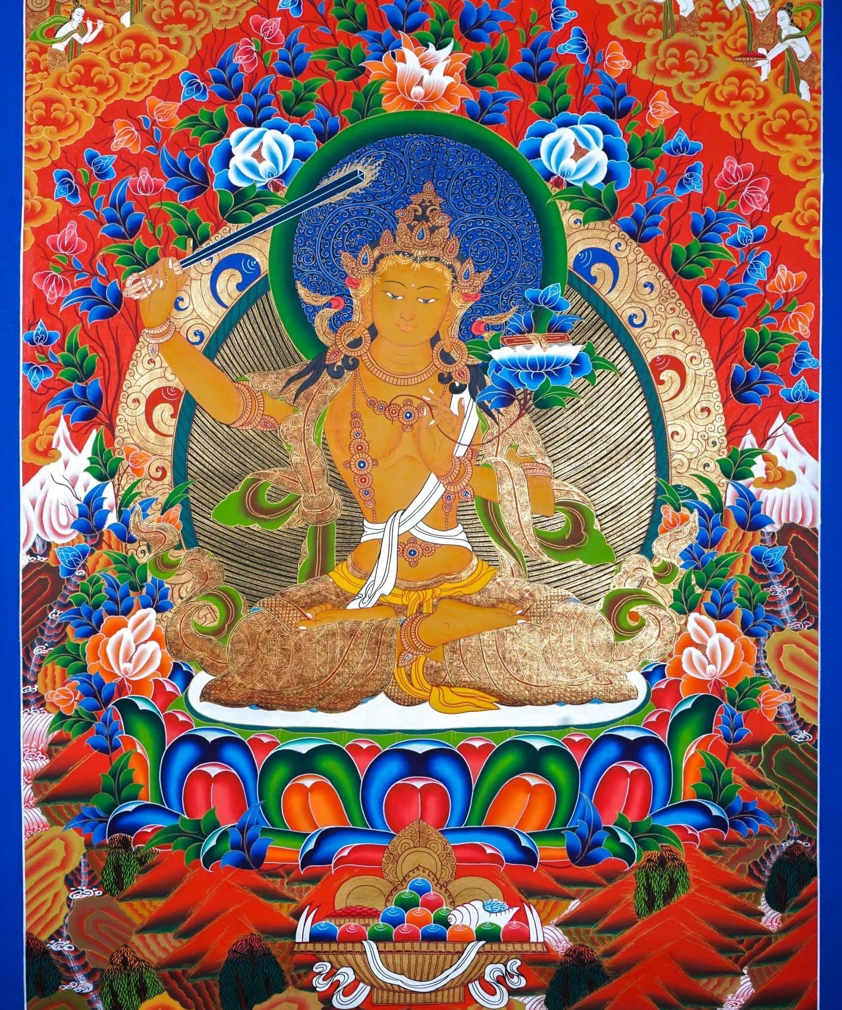 Sword of Wisdom - Manjushri Thangka Painting  For Meditational Practice and Spiritual Gifts