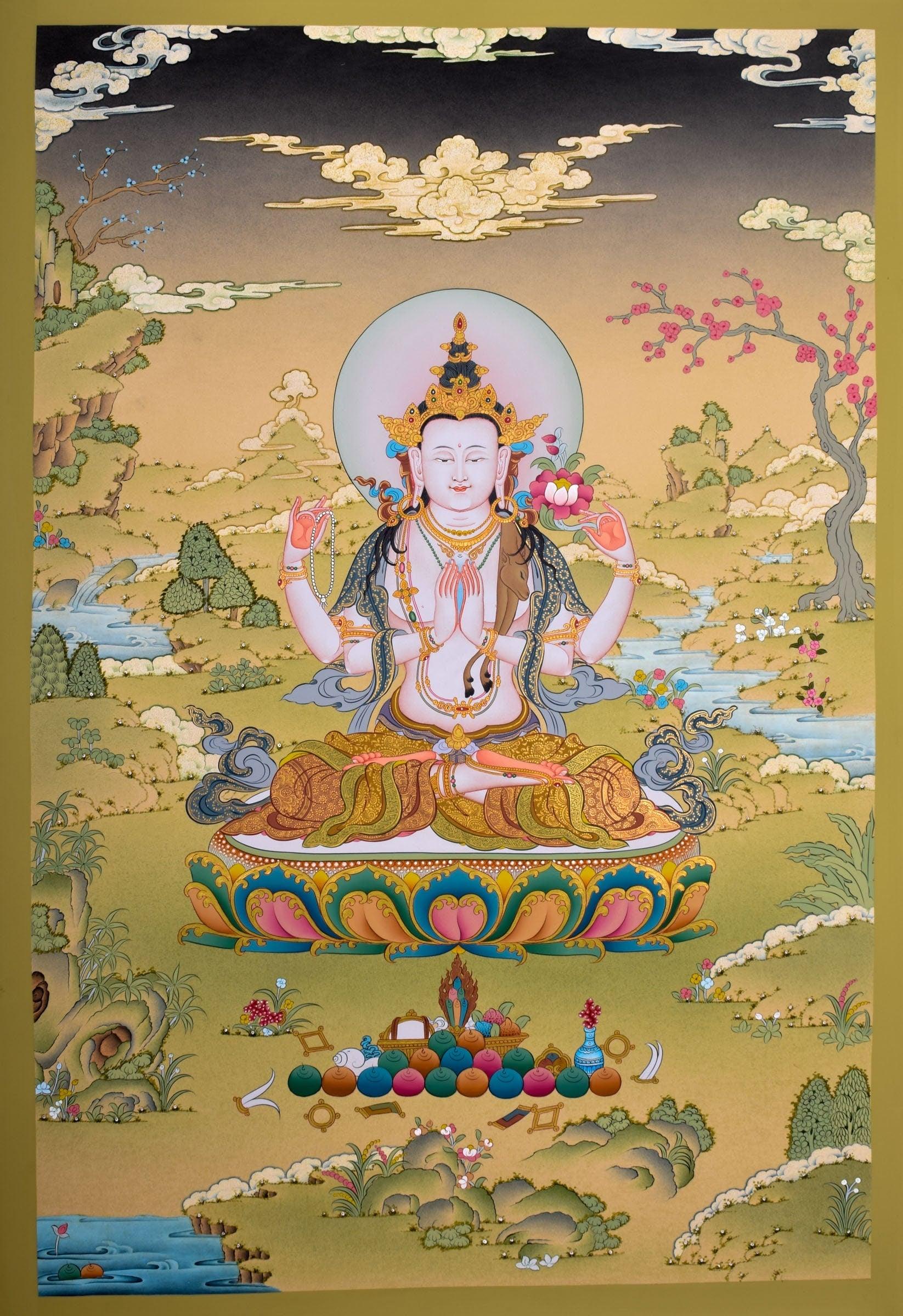 Chenrezig Thangka Painting For Meditational Practice and Spiritual Gifts