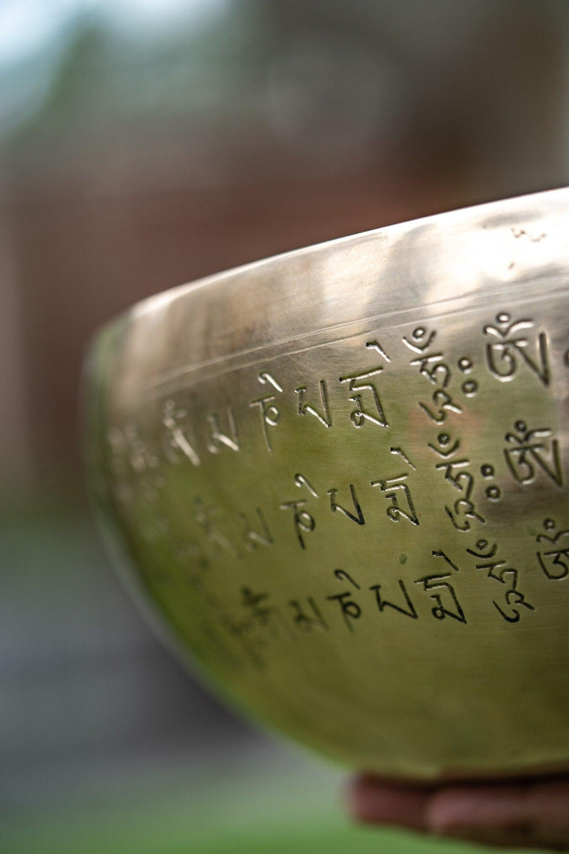 Tibetan Singing Bowl with Green Tara Carving - Himalayas Shop