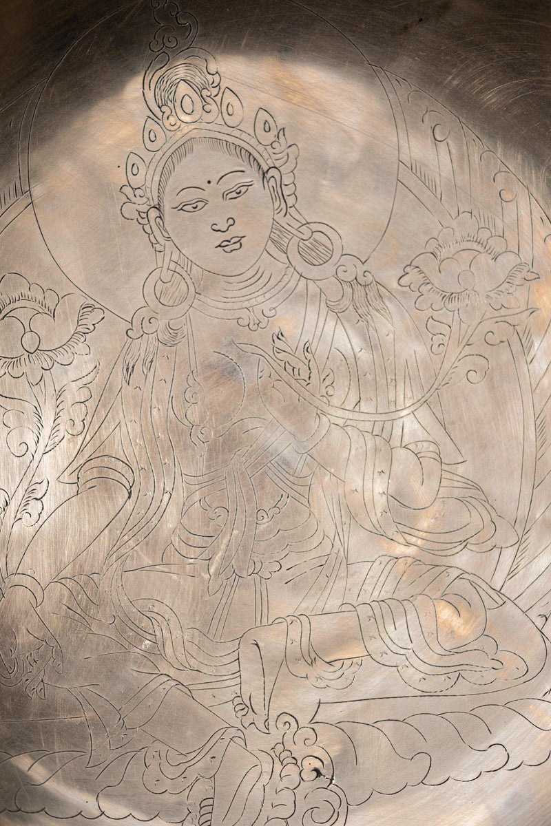 Tibetan Singing Bowl with Green Tara Carving - Himalayas Shop