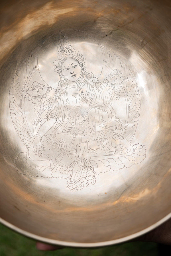 Tibetan Singing Bowl with Green Tara Carving - Himalayas Shop