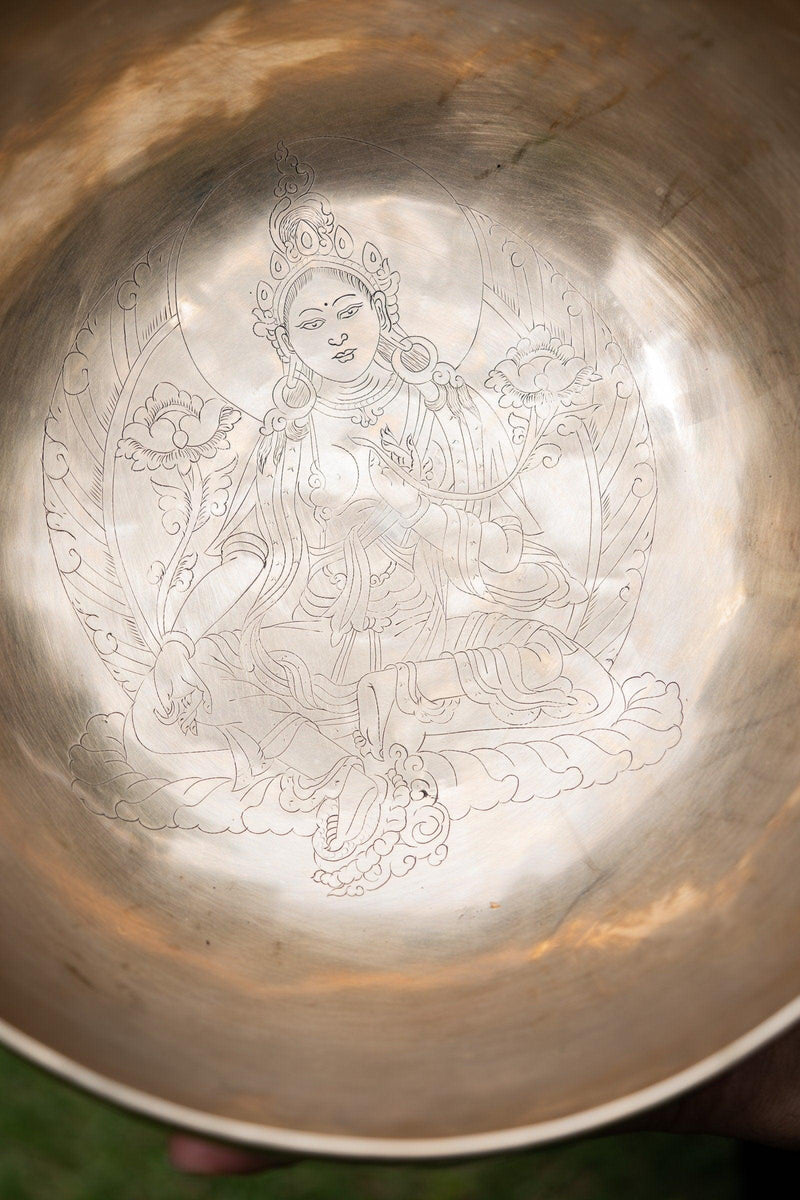 Tibetan Singing Bowl with Green Tara Carving - Himalayas Shop