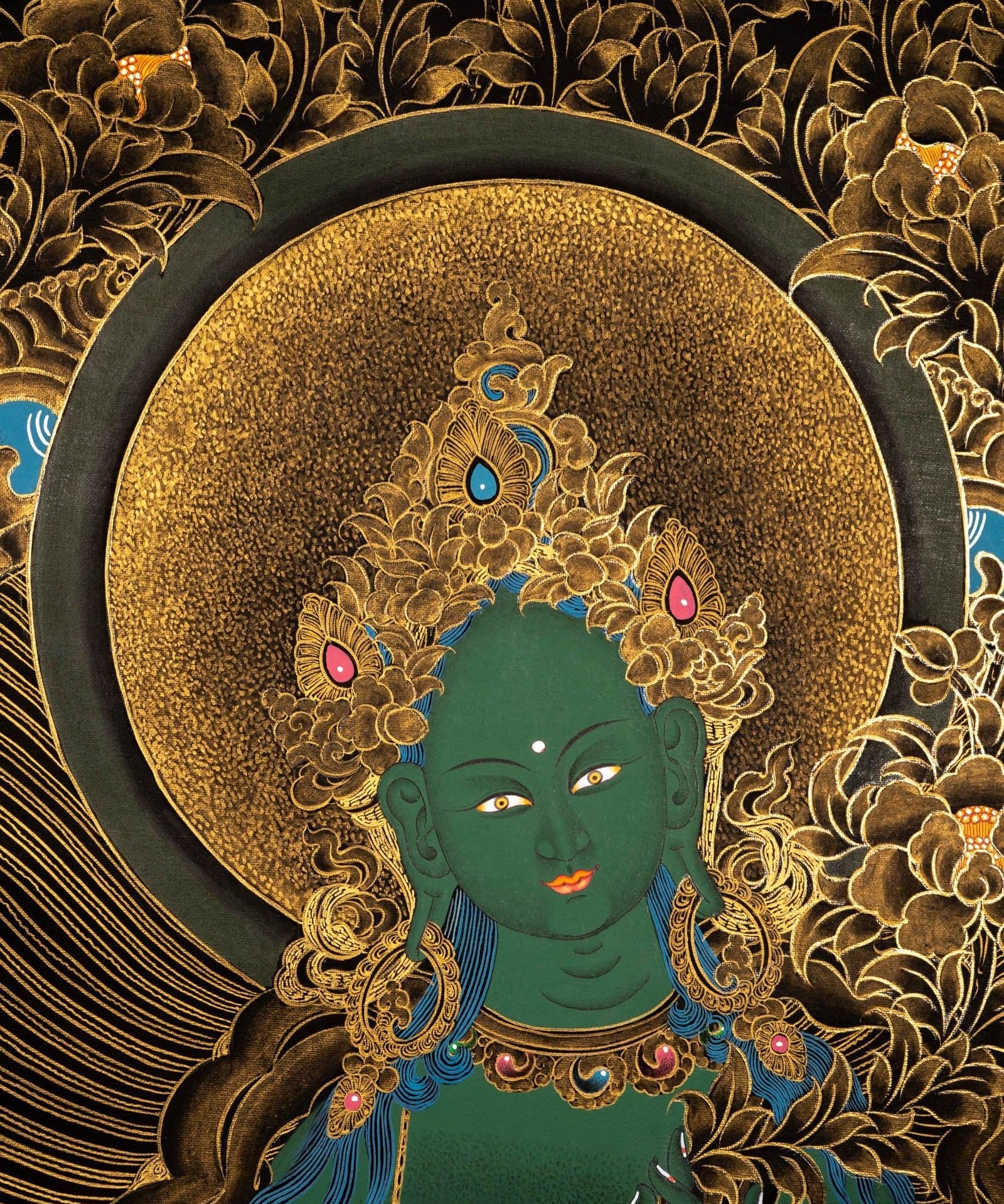 Green Tara Female Deity Thangka Painting For home decor and and Wall hanging