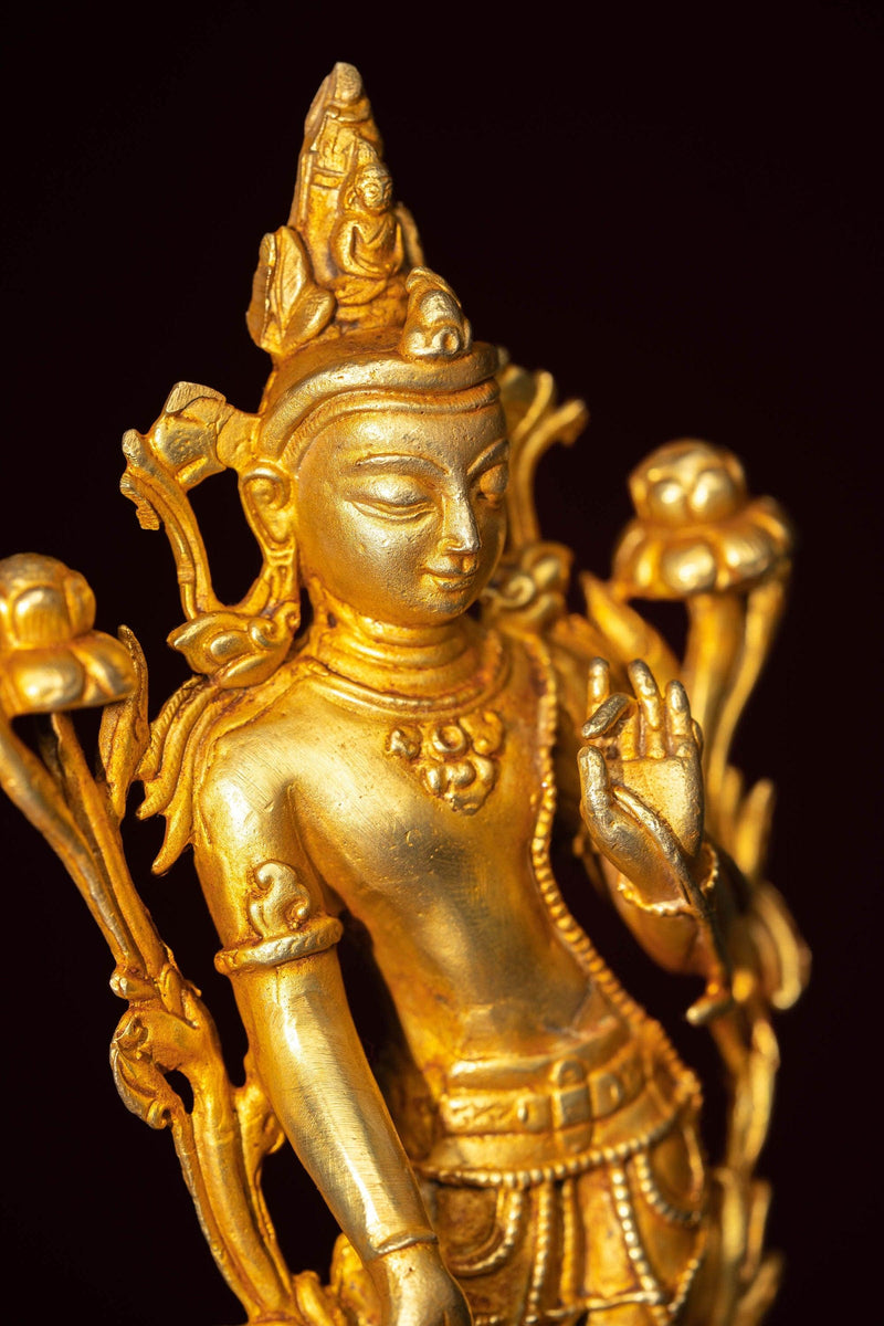 Standing Avalokiteshvara gold plated statue handmade in Nepal