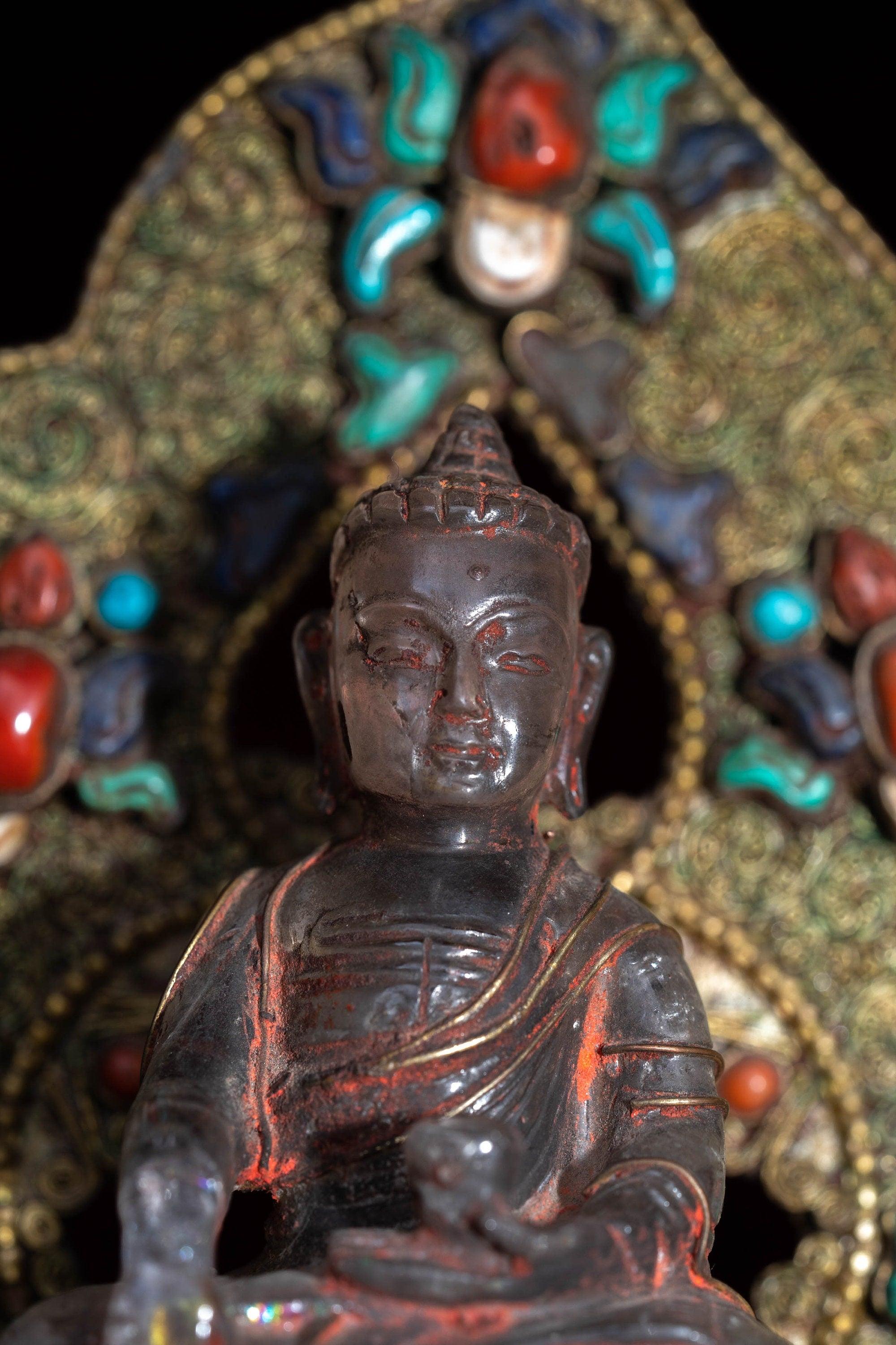 Crystal Statue of Buddha with Metal craft gold plated throne with ruby , turquoise and lapis