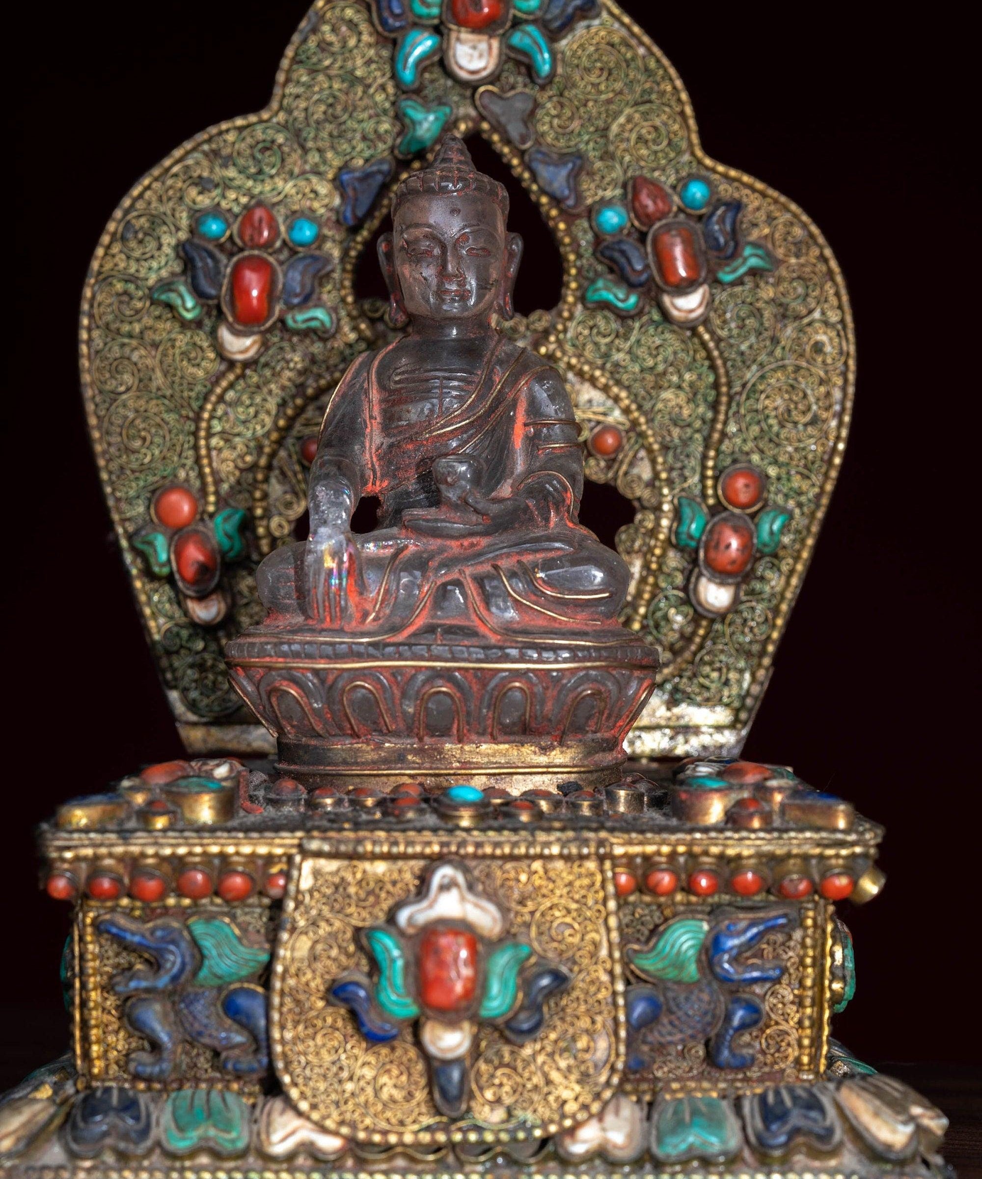 Crystal Statue of Buddha with Metal craft gold plated throne with ruby , turquoise and lapis