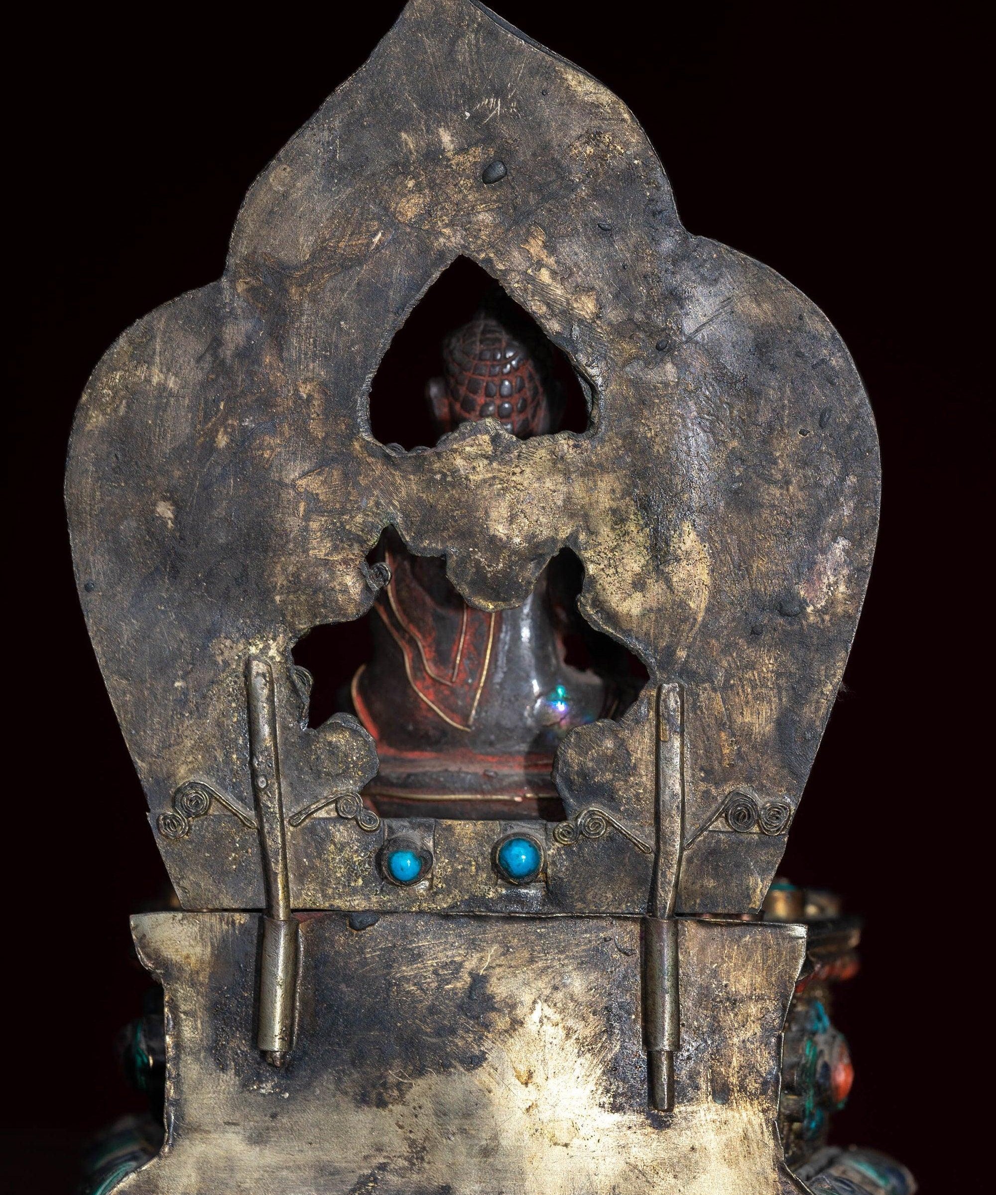 Crystal Statue of Buddha with Metal craft gold plated throne with ruby , turquoise and lapis