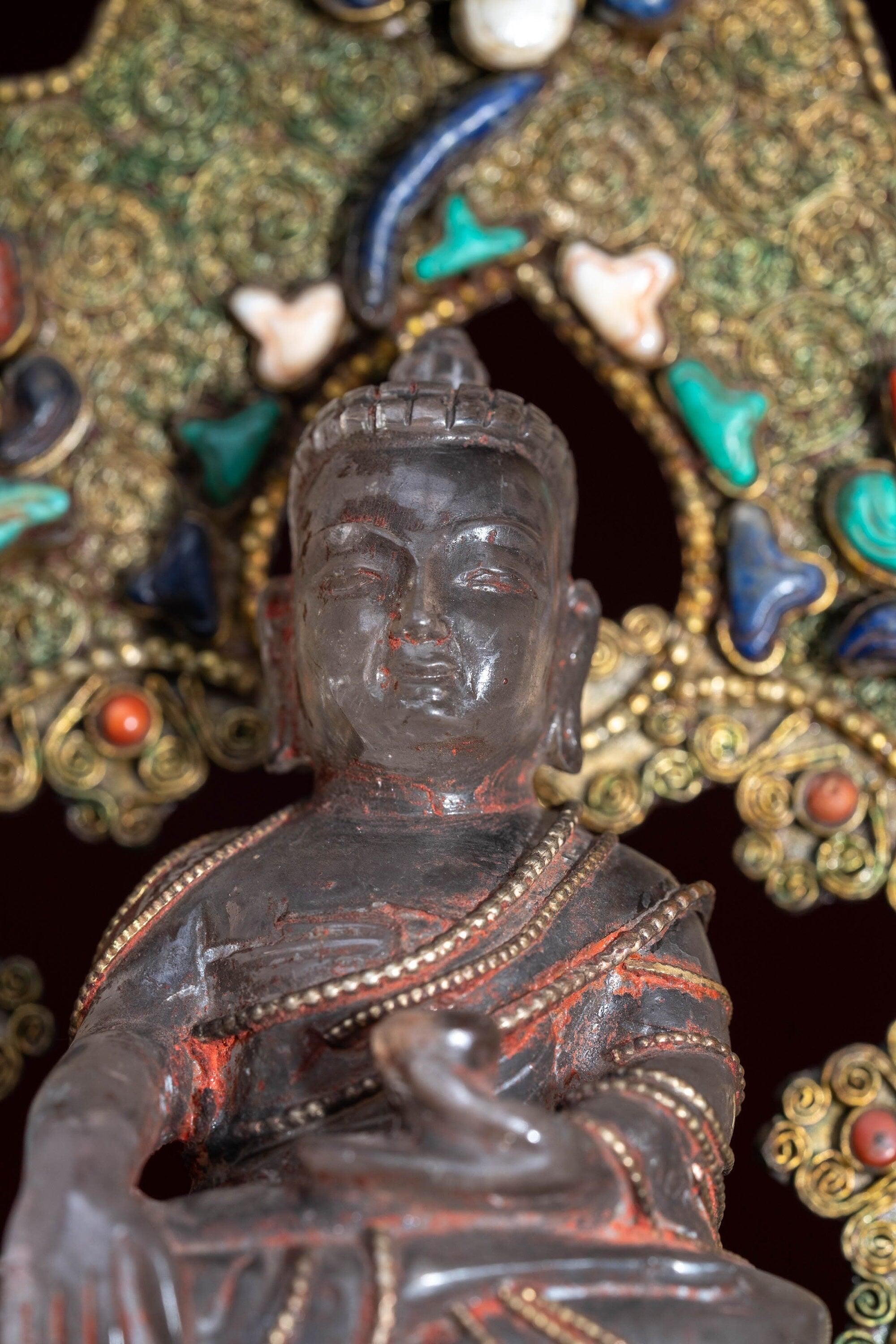 Crystal Statue of Buddha with Metal craft gold plated throne with ruby , turquoise and lapis