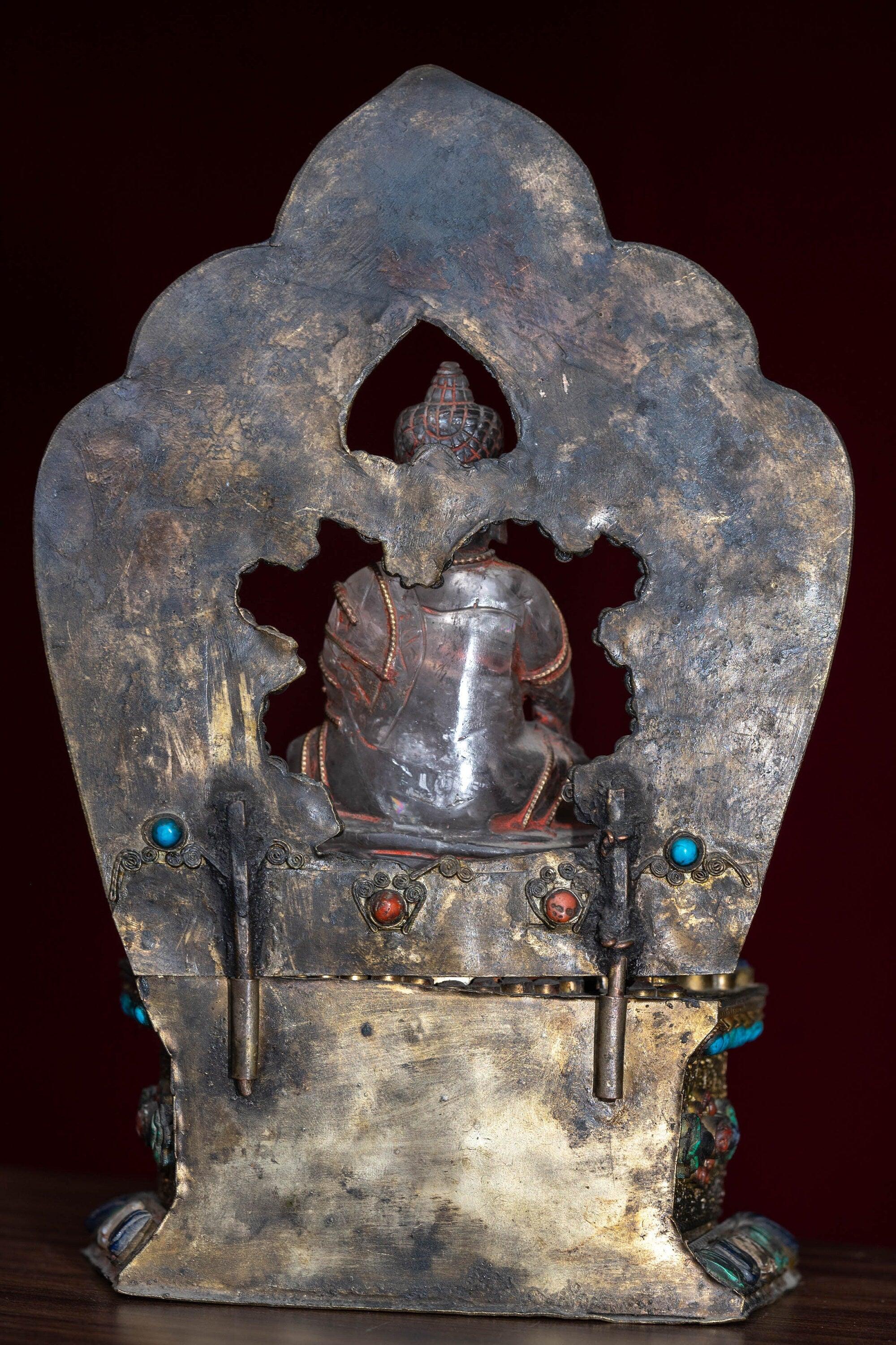 Crystal Statue of Buddha with Metal craft gold plated throne with ruby , turquoise and lapis