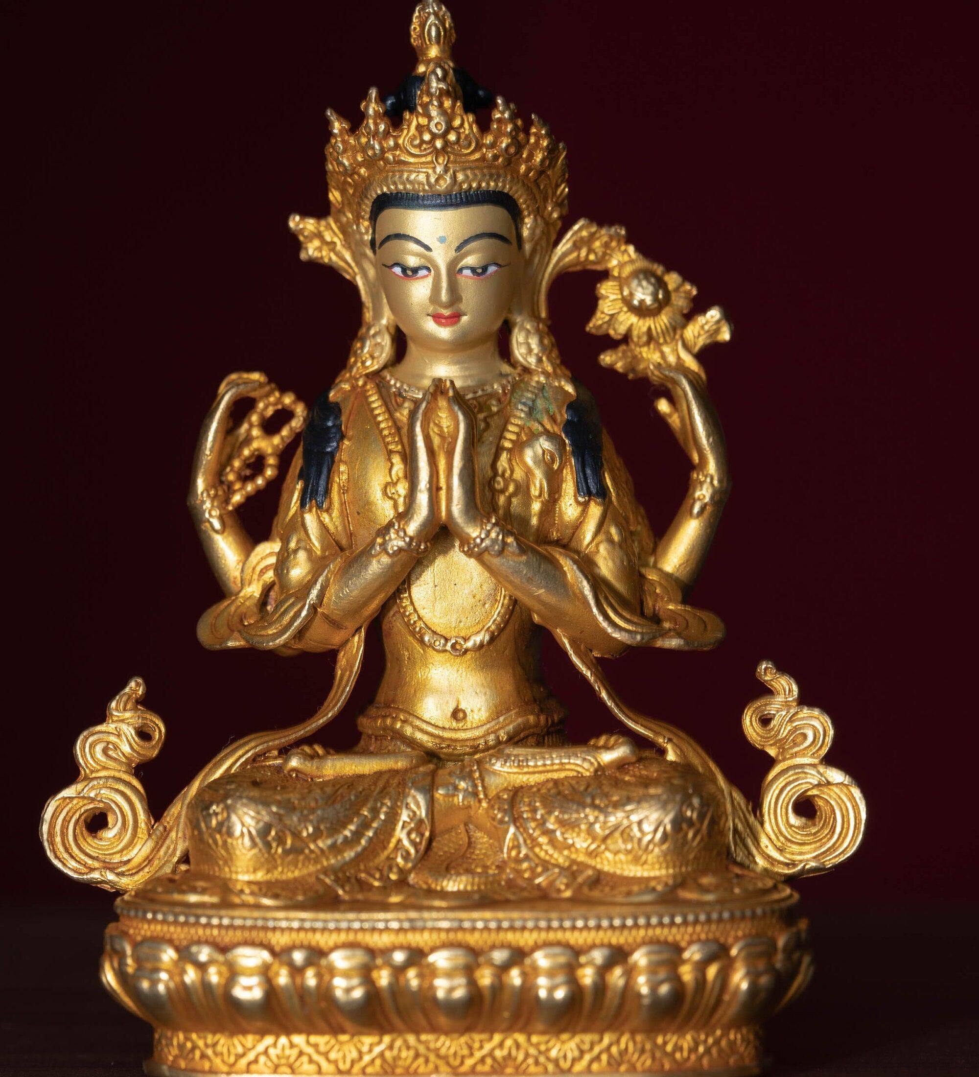 Chengresi statue gold plated small size for meditation and altar space