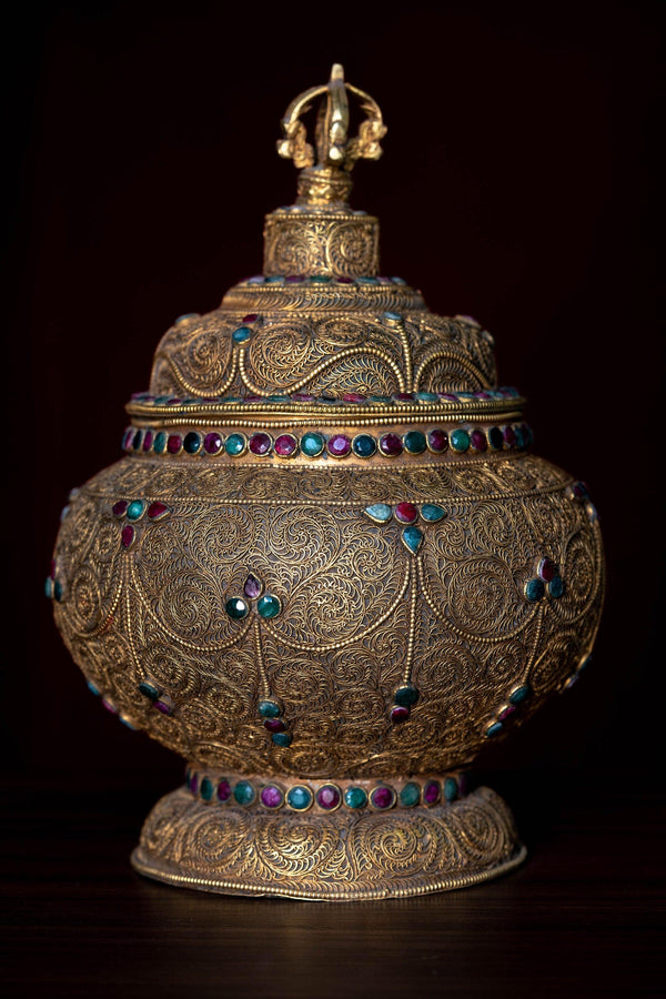 Antique Metal jar with detailed carving and stone work