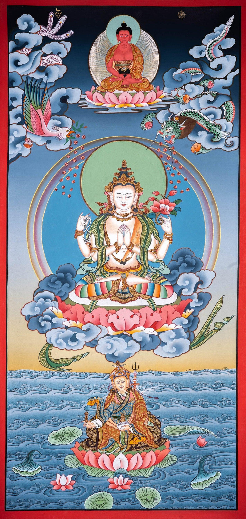 Beautiful Chenrezig thangka painting with Amitabha Buddha and Guru Rinpoche