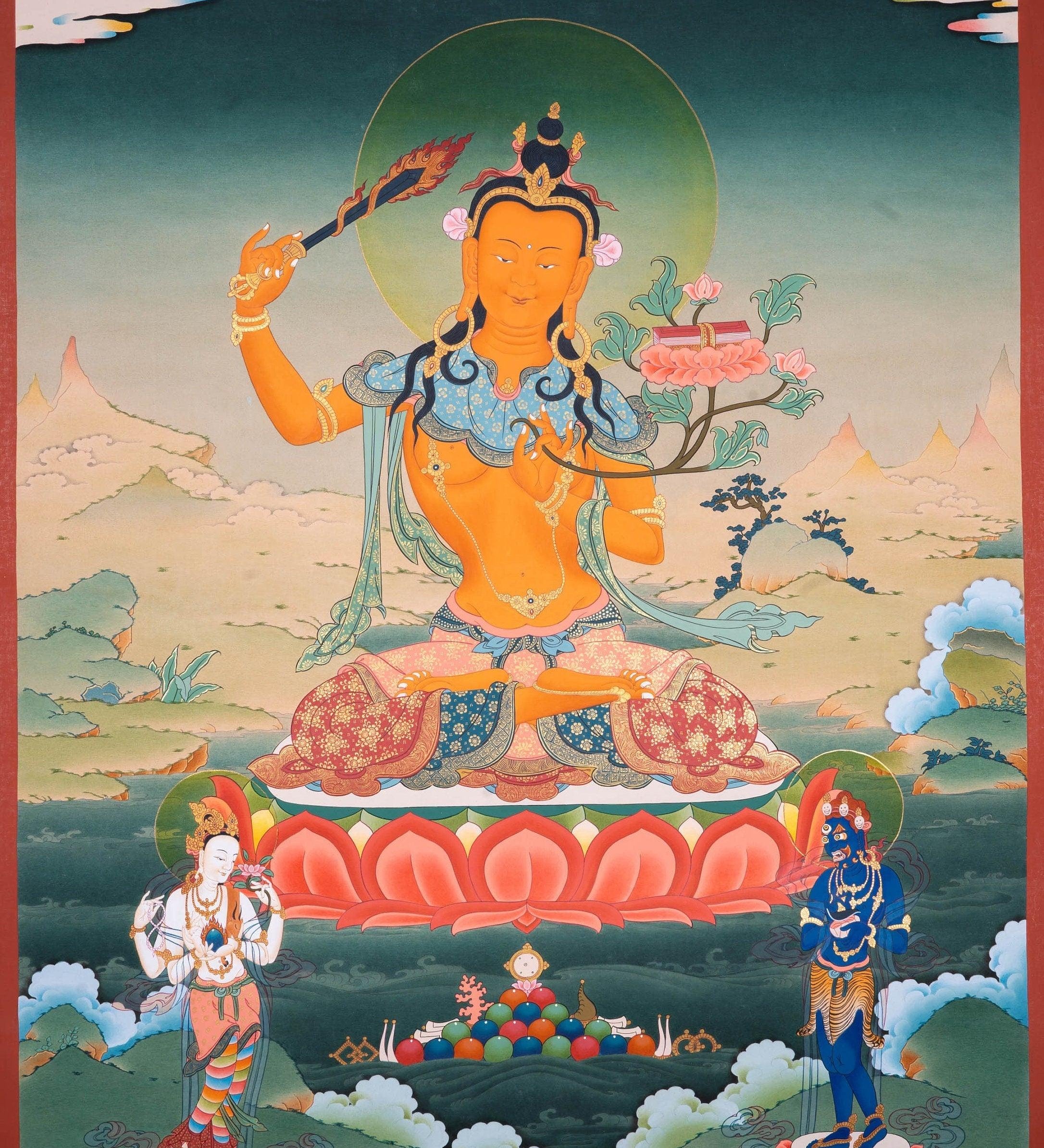 Genuine Hand Arts from Nepal - Manjushri Thangka For Meditational Practice and Spiritual Gifts