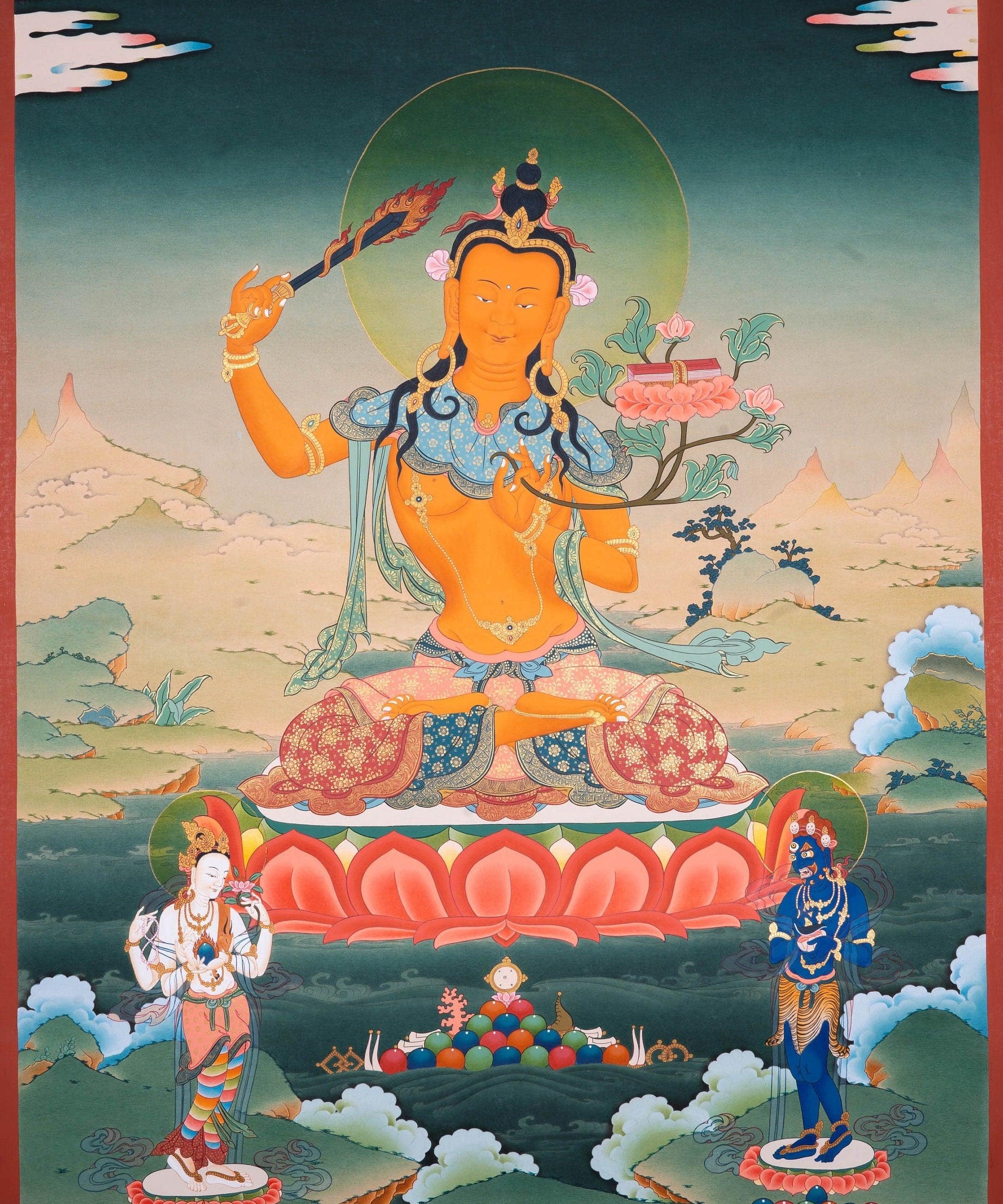 Genuine Hand Arts from Nepal - Manjushri Thangka For Meditational Practice and Spiritual Gifts