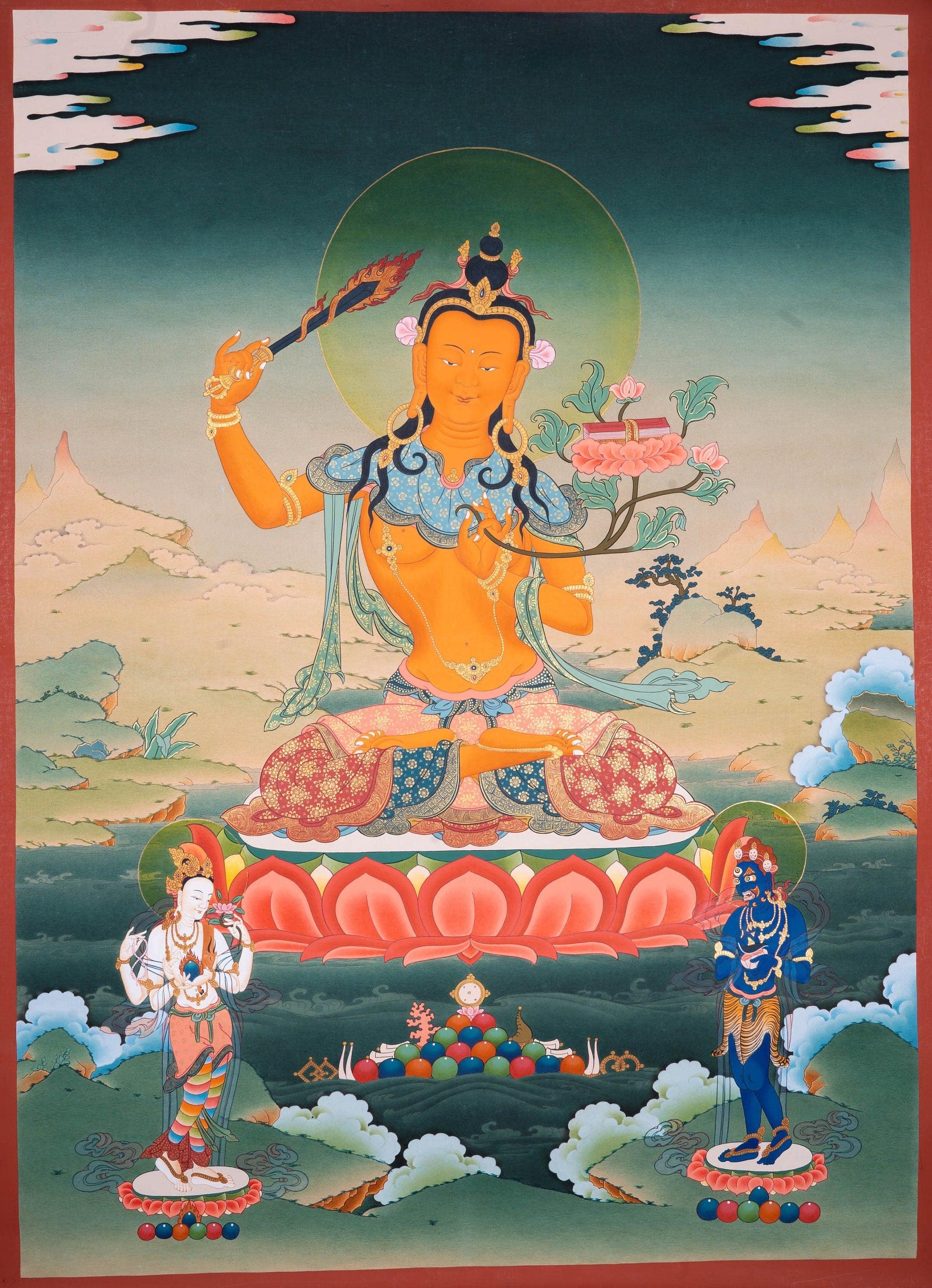 Genuine Hand Arts from Nepal - Manjushri Thangka For Meditational Practice and Spiritual Gifts