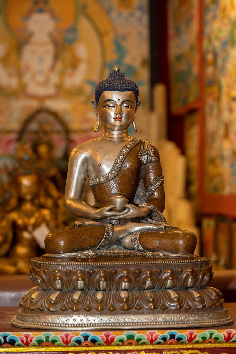Silver Plated copper Amitabha Buddha large size handmade with detail carving.