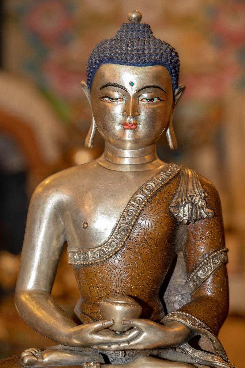Silver Plated copper Amitabha Buddha large size handmade with detail carving.