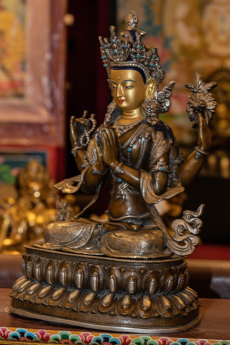 Chenrezig Silver Plated Oxidized Statue - Himalayas Shop