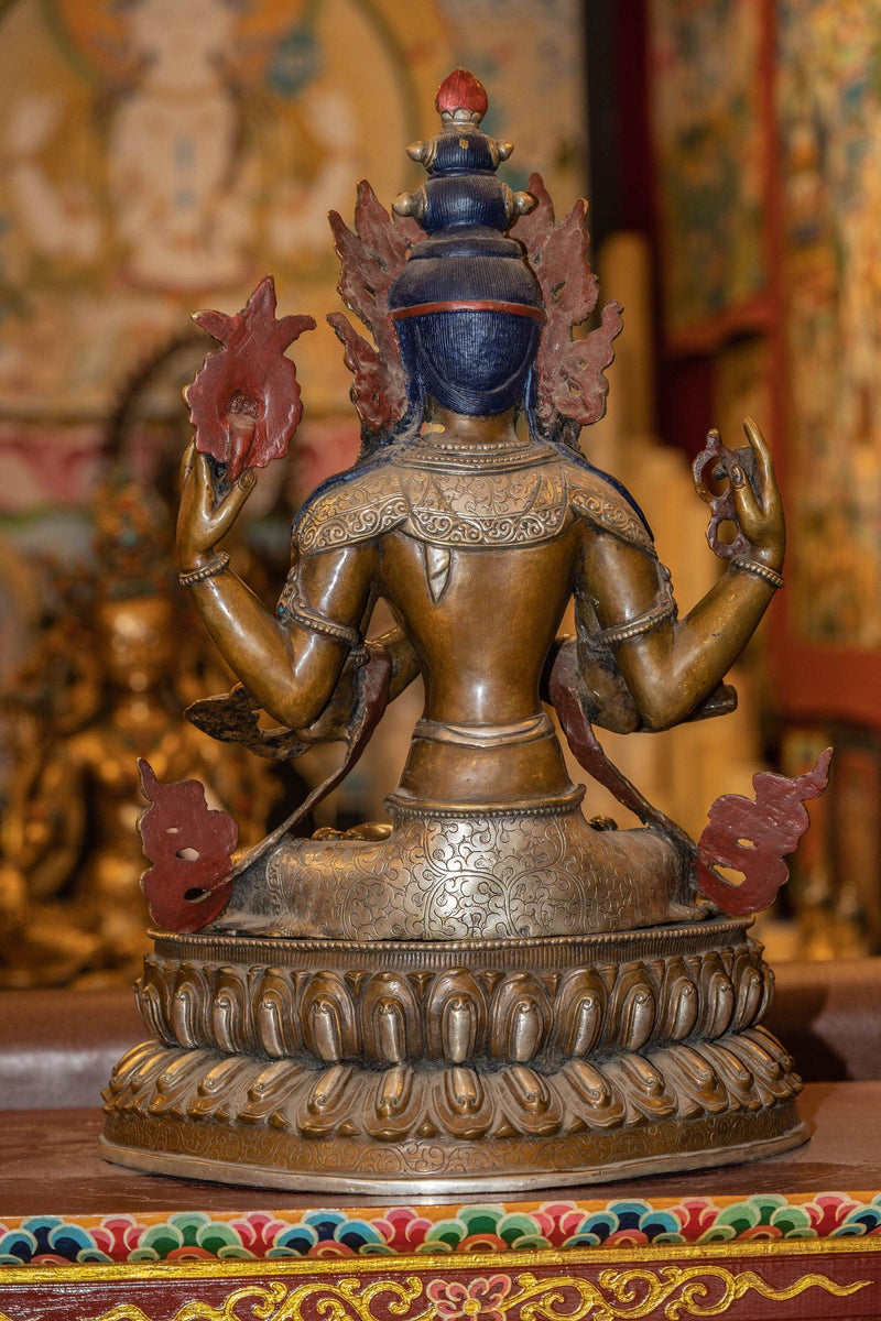 Chenrezig Silver Plated Oxidized Statue - Himalayas Shop