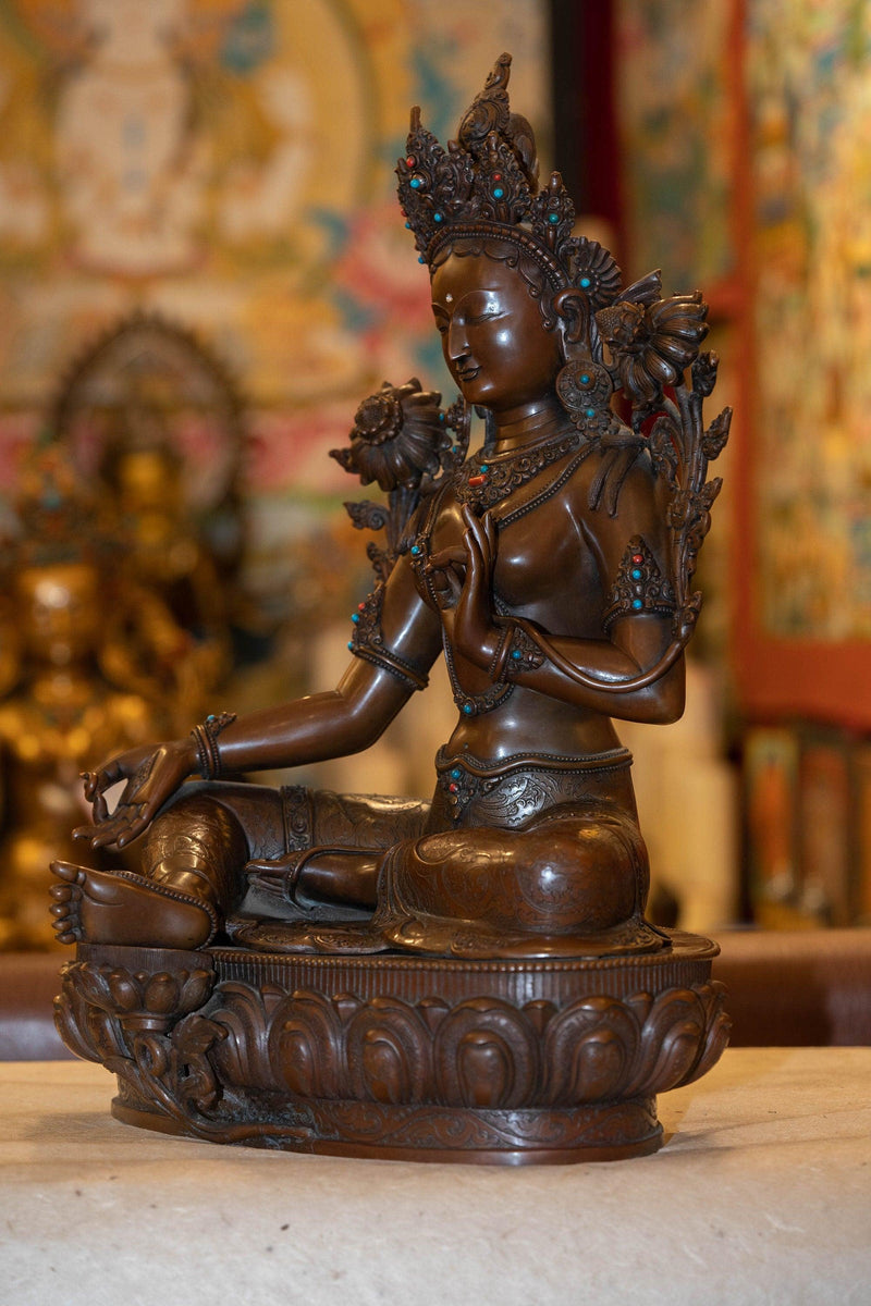 Copper Oxidized Green Tara Statue with coral and turquoise large size handmade
