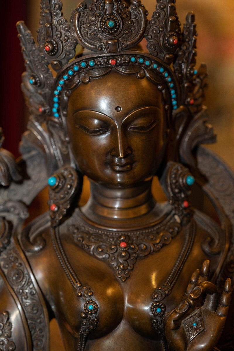 Copper Oxidized Green Tara Statue with coral and turquoise large size handmade
